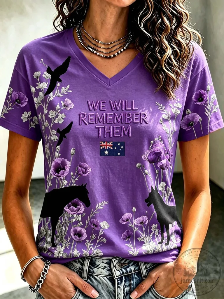 Australian Remembrance Day We Will Remember Them Purple Floral V-Neck T-Shirt