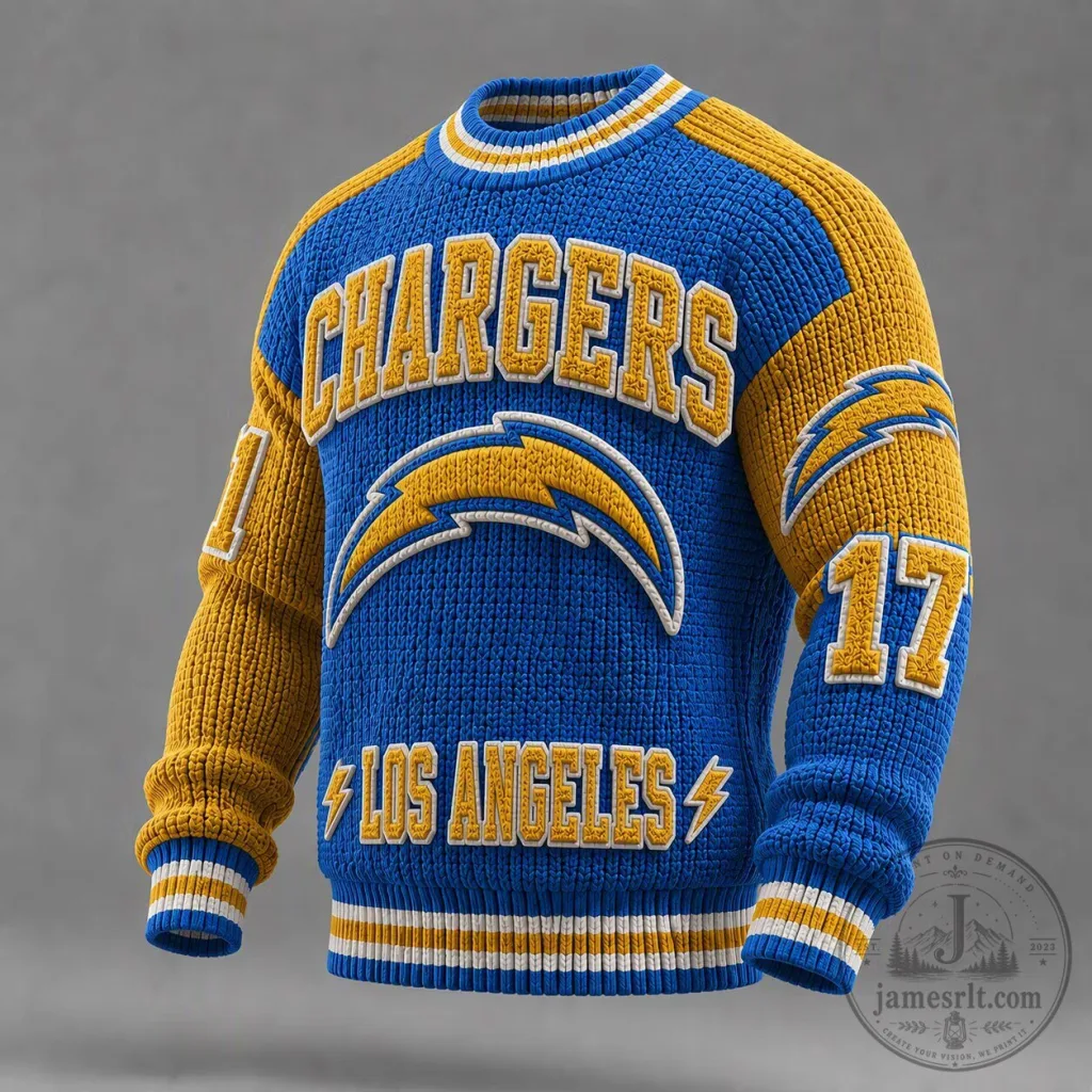 Los Angeles Chargers Football Team Blue and Gold Knitted Crewneck Sweater Los Angeles Chargers Football Team Blue and Gold Knitted Crewneck Sweater