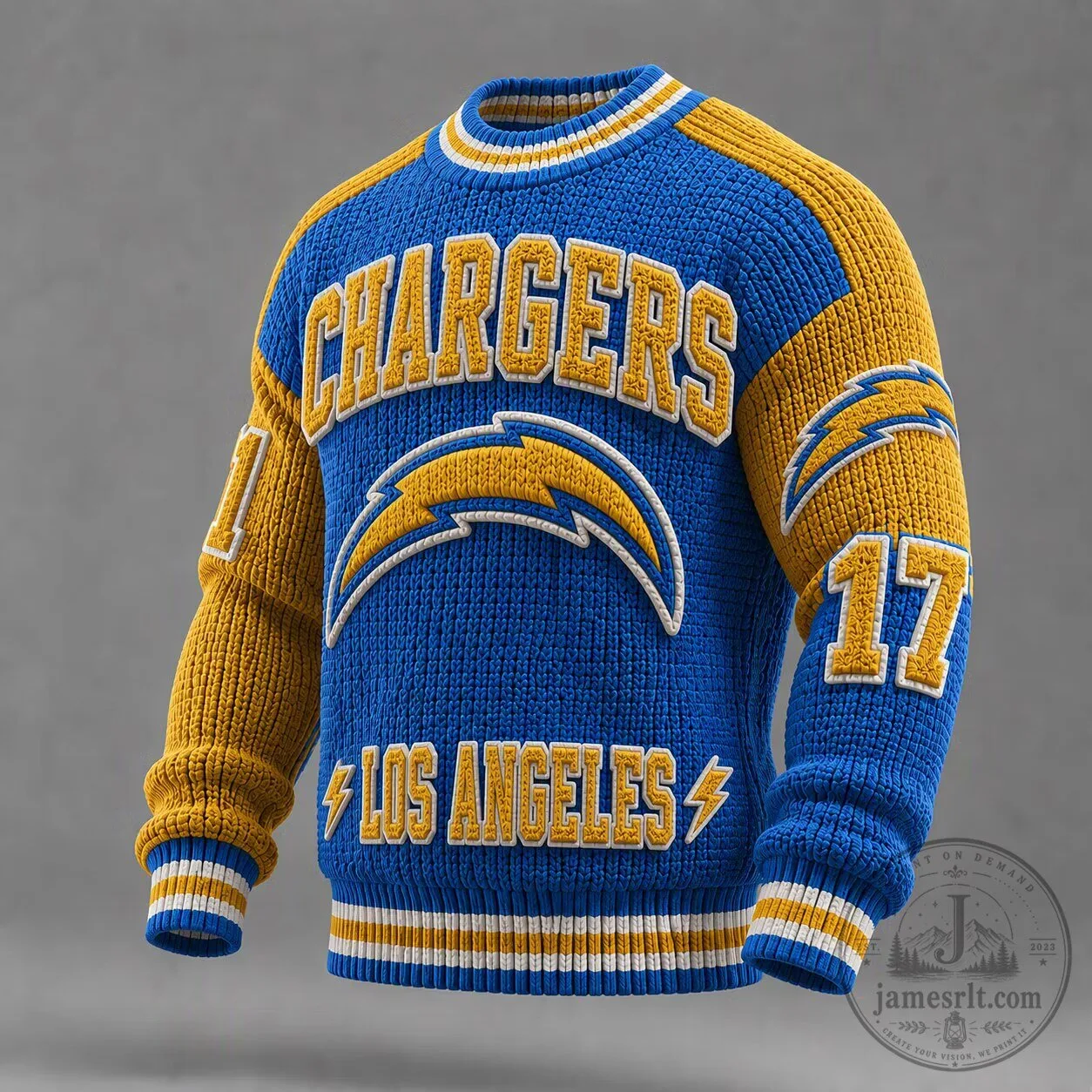 Los Angeles Chargers Football Team Blue and Gold Knitted Crewneck Sweater
