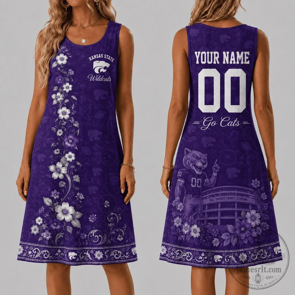 Kansas State Wildcats Floral Custom Name and Number Sleeveless Dress