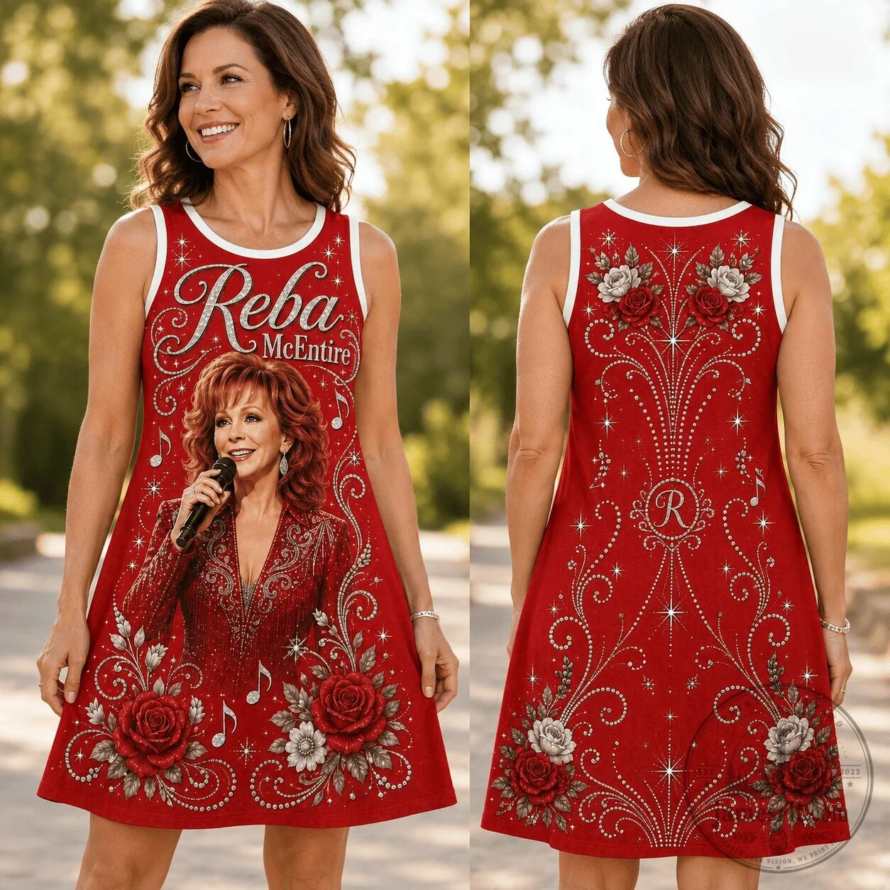 Reba McEntire Red Roses Music Notes Sleeveless Dress