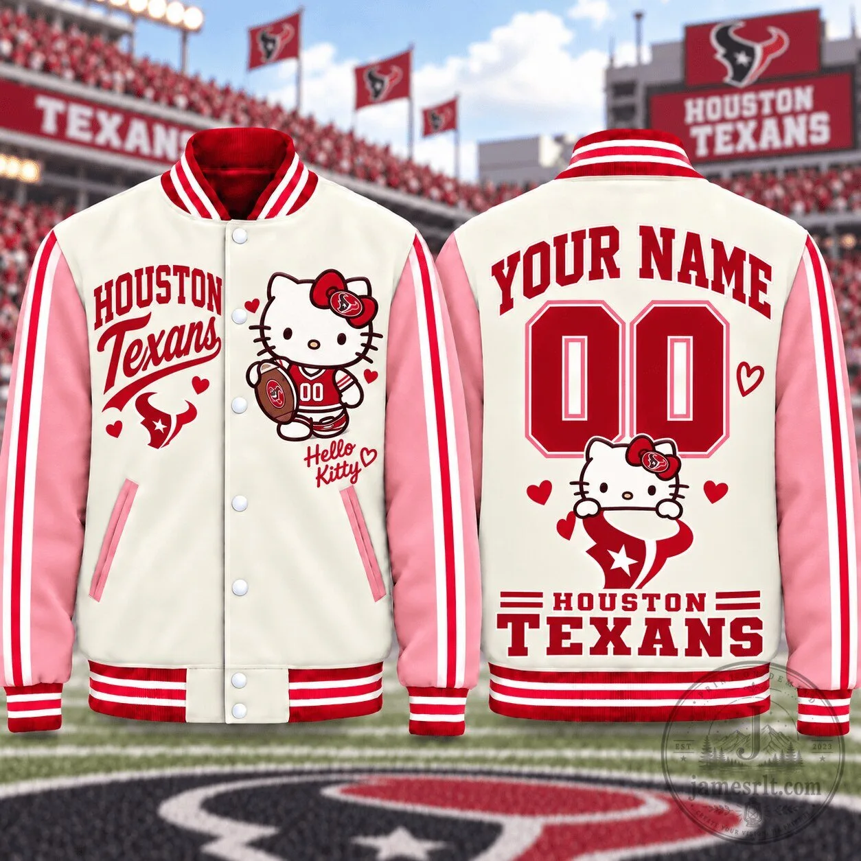 Houston Texans Hello Kitty Personalized Name Number Football Varsity Jacket