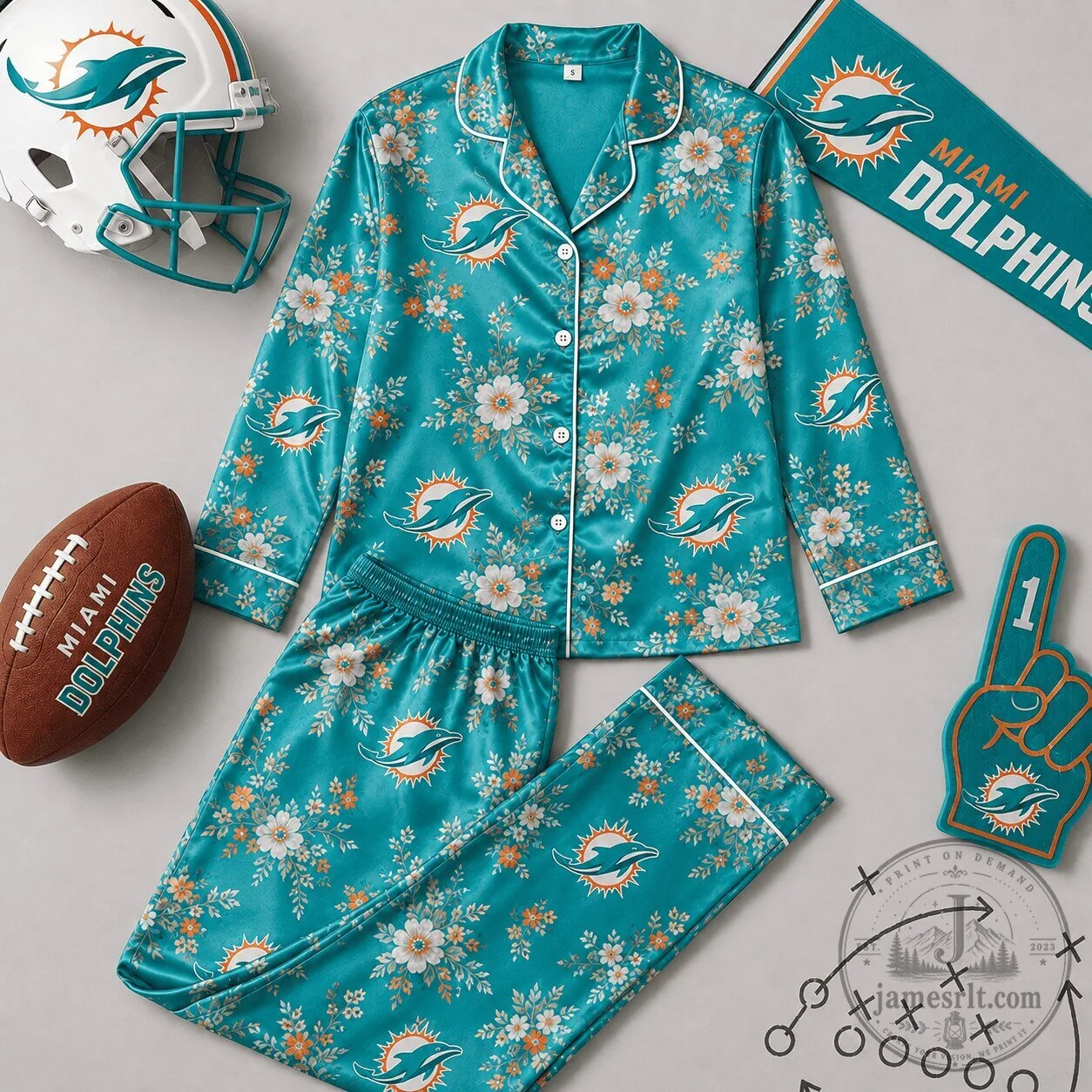Miami Dolphins Floral Print Button Down Long Sleeve Pajamas Set