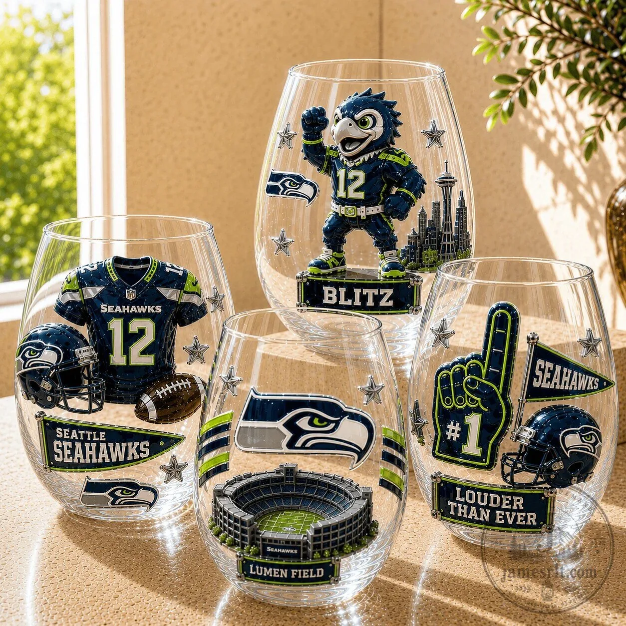 Seattle Seahawks Stemless Wine Glass Set with Mascot and Stadium Designs
