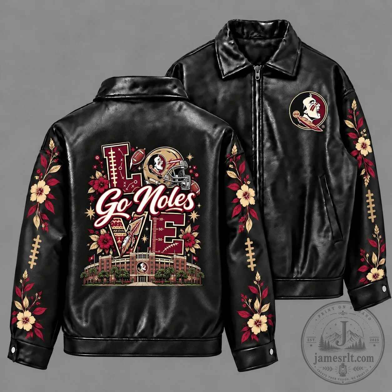 Florida State Seminoles Love Floral Black Leather Jacket