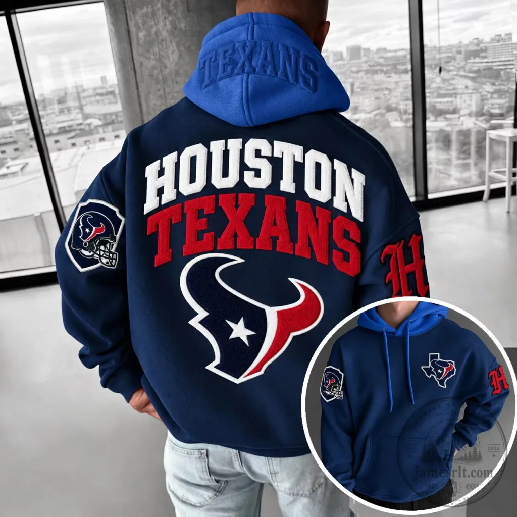 Houston Texans NFL Football Team Logo Embroidered Blue Hoodie Houston Texans NFL Football Team Logo Embroidered Blue Hoodie