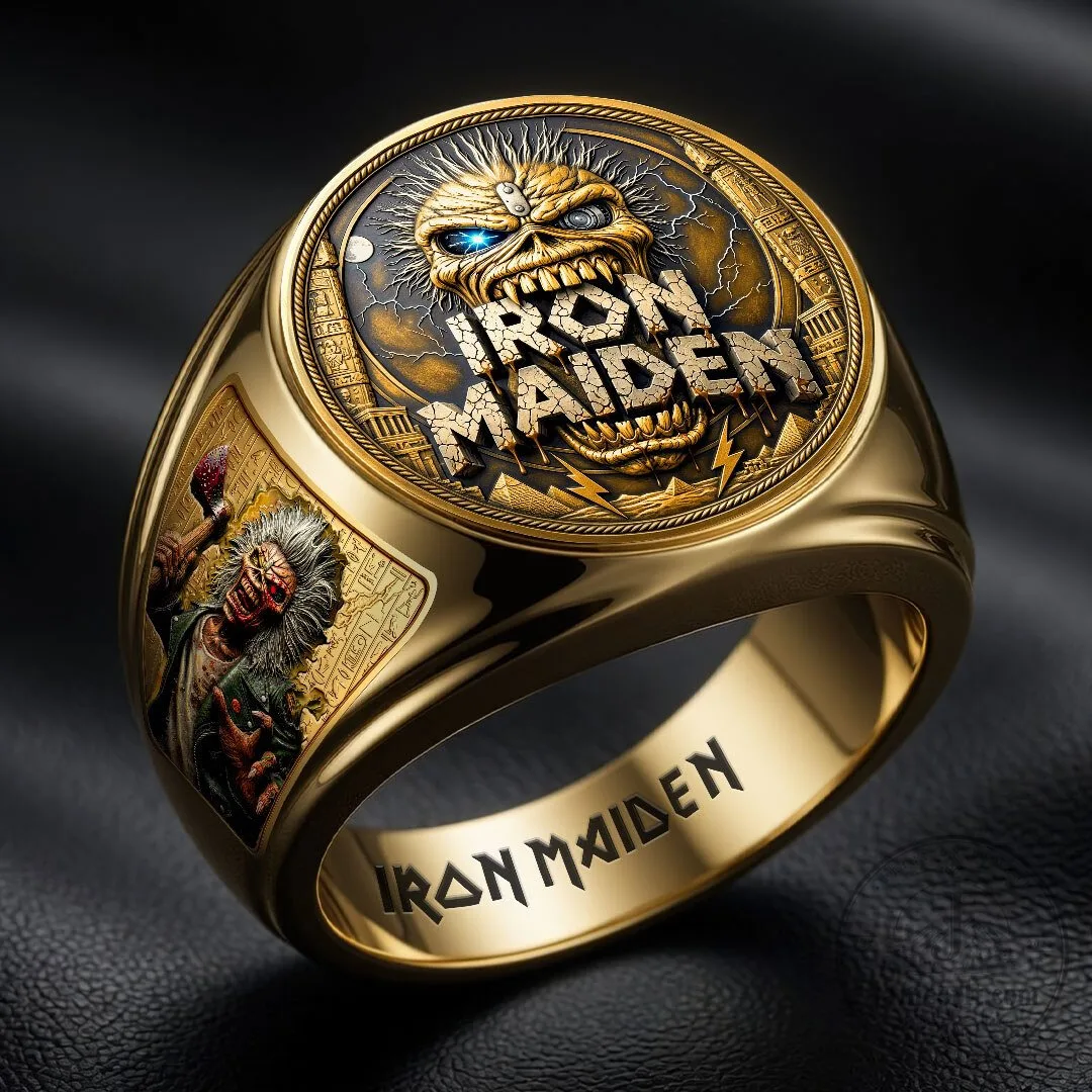 Iron Maiden Eddie The Head Gold Tone Engraved Heavy Metal Band Ring