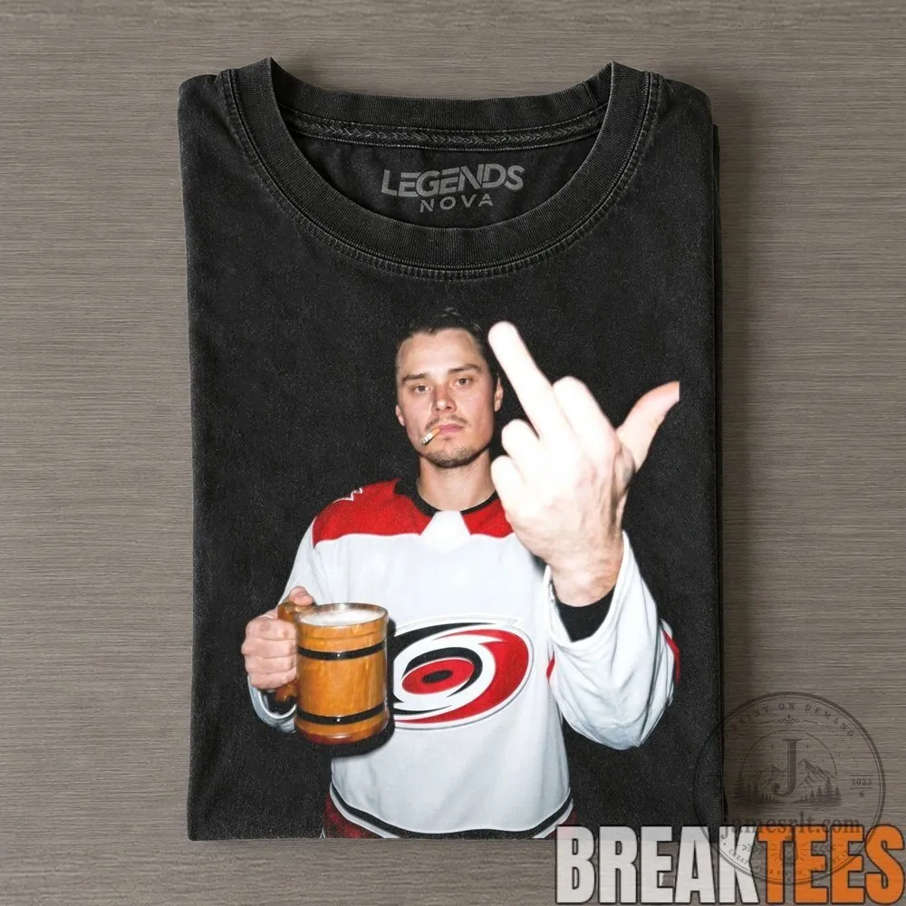Carolina Hurricanes Sebastian Aho Drinking and Middle Finger Black T-Shirt