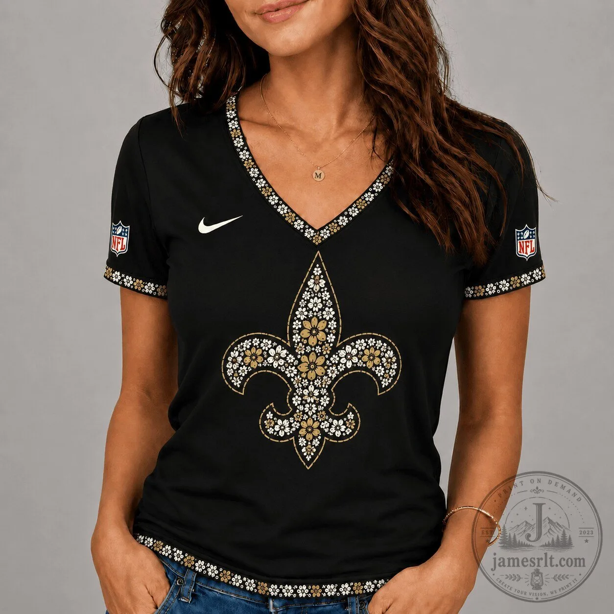 New Orleans Saints Floral Fleur de Lis Black V-Neck Women's T-Shirt