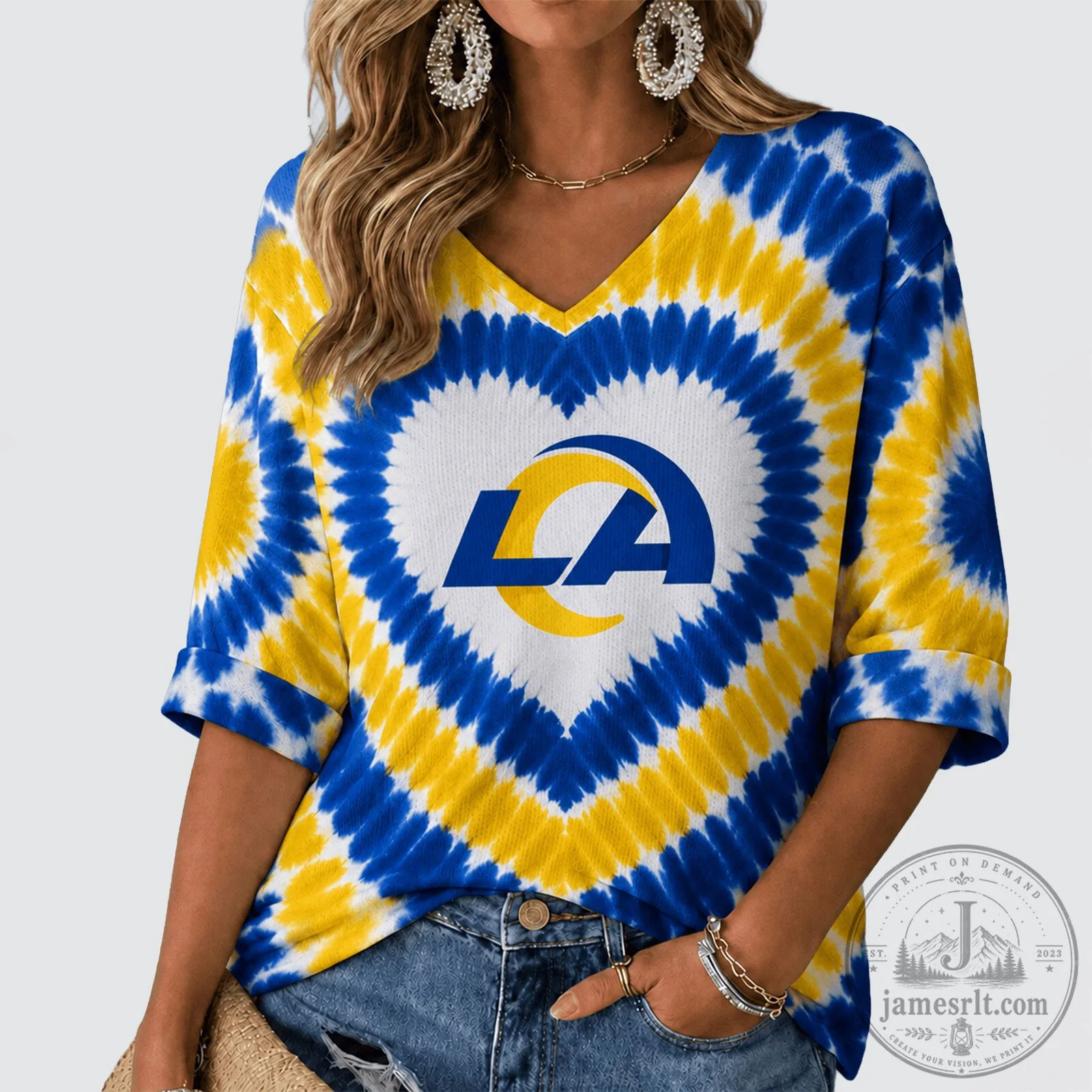 Los Angeles Rams NFL Tie Dye Heart V-Neck Short Sleeve T-Shirt