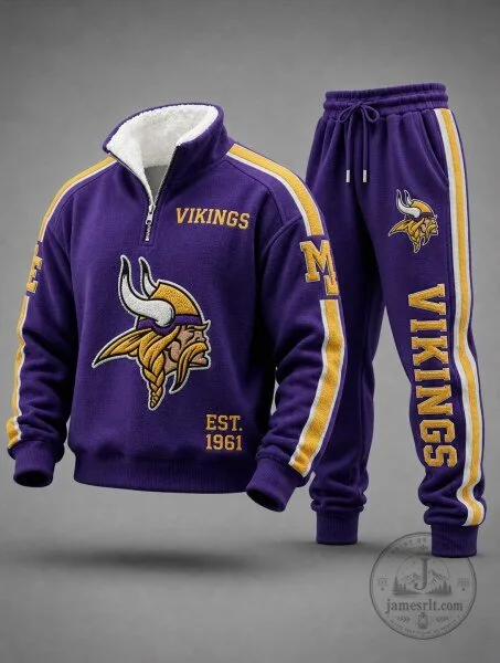Minnesota Vikings Tracksuit Set with Quarter Zip Sweatshirt and Jogger Pants