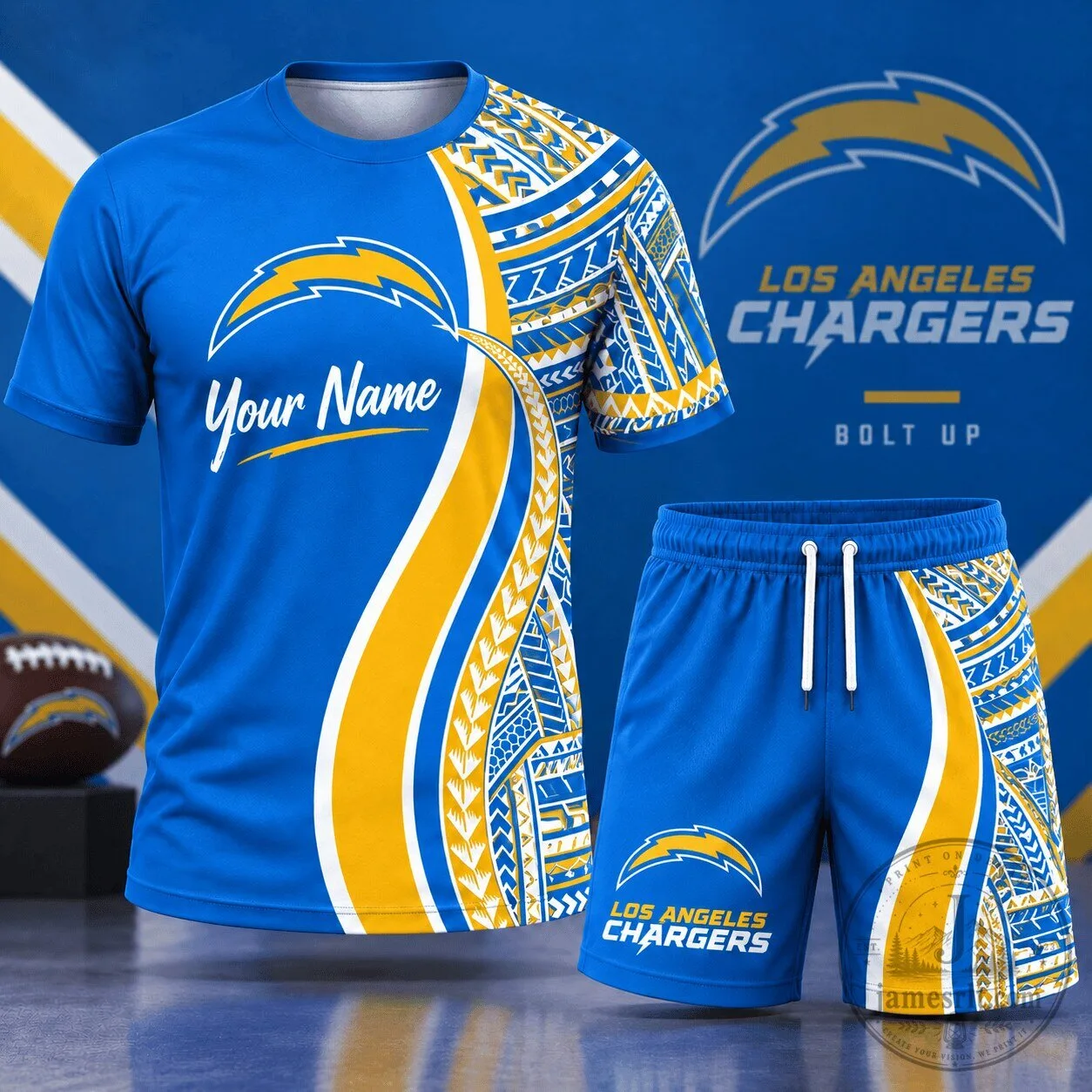 Los Angeles Chargers Tribal Pattern Custom Name Football Fan T-Shirt and Shorts Set