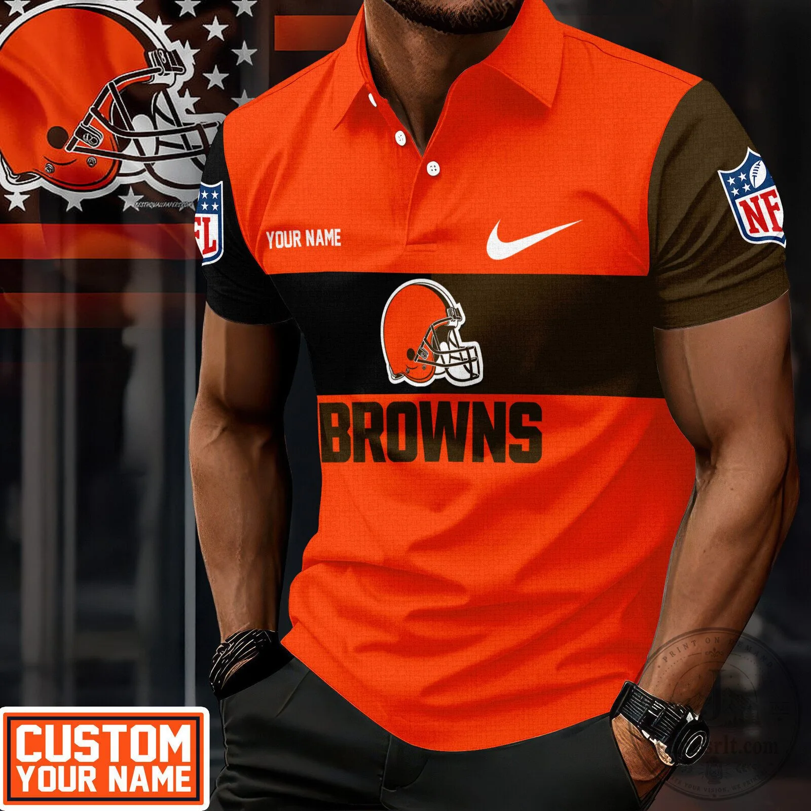 Cleveland Browns NFL Football Team Custom Name Orange and Brown Polo Shirt