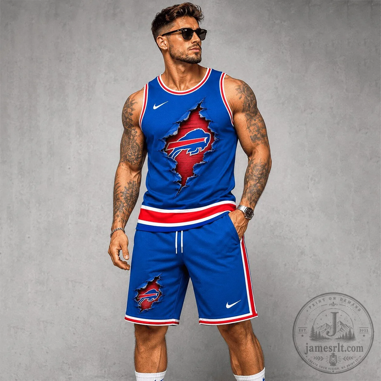 Buffalo Bills Football Team Blue Tank Top and Shorts Set for Men 1 Buffalo Bills Football Team Blue Tank Top and Shorts Set for Men