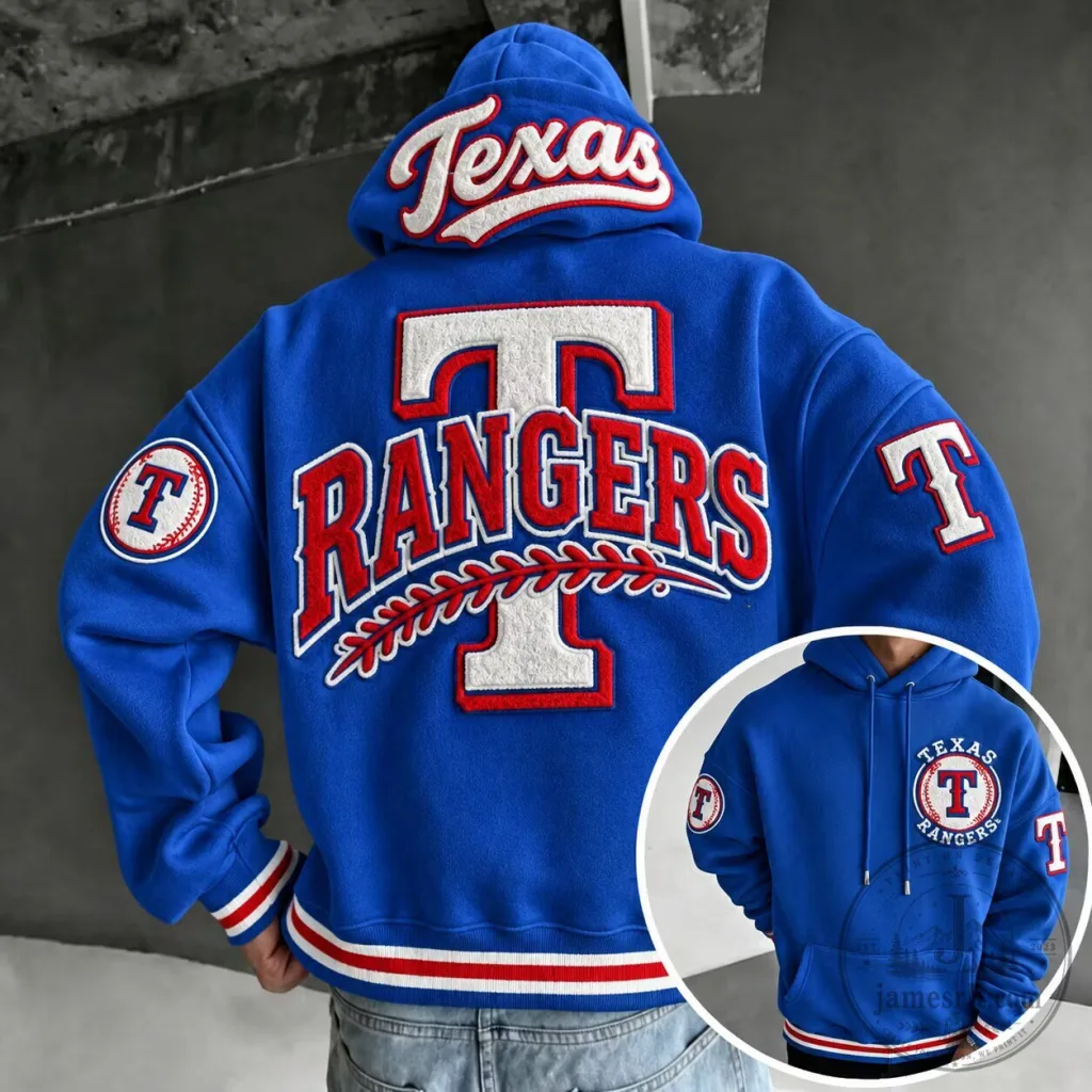 Texas Rangers Baseball Team Logo Blue Embroidered Pullover Hoodie Texas Rangers Baseball Team Logo Blue Embroidered Pullover Hoodie