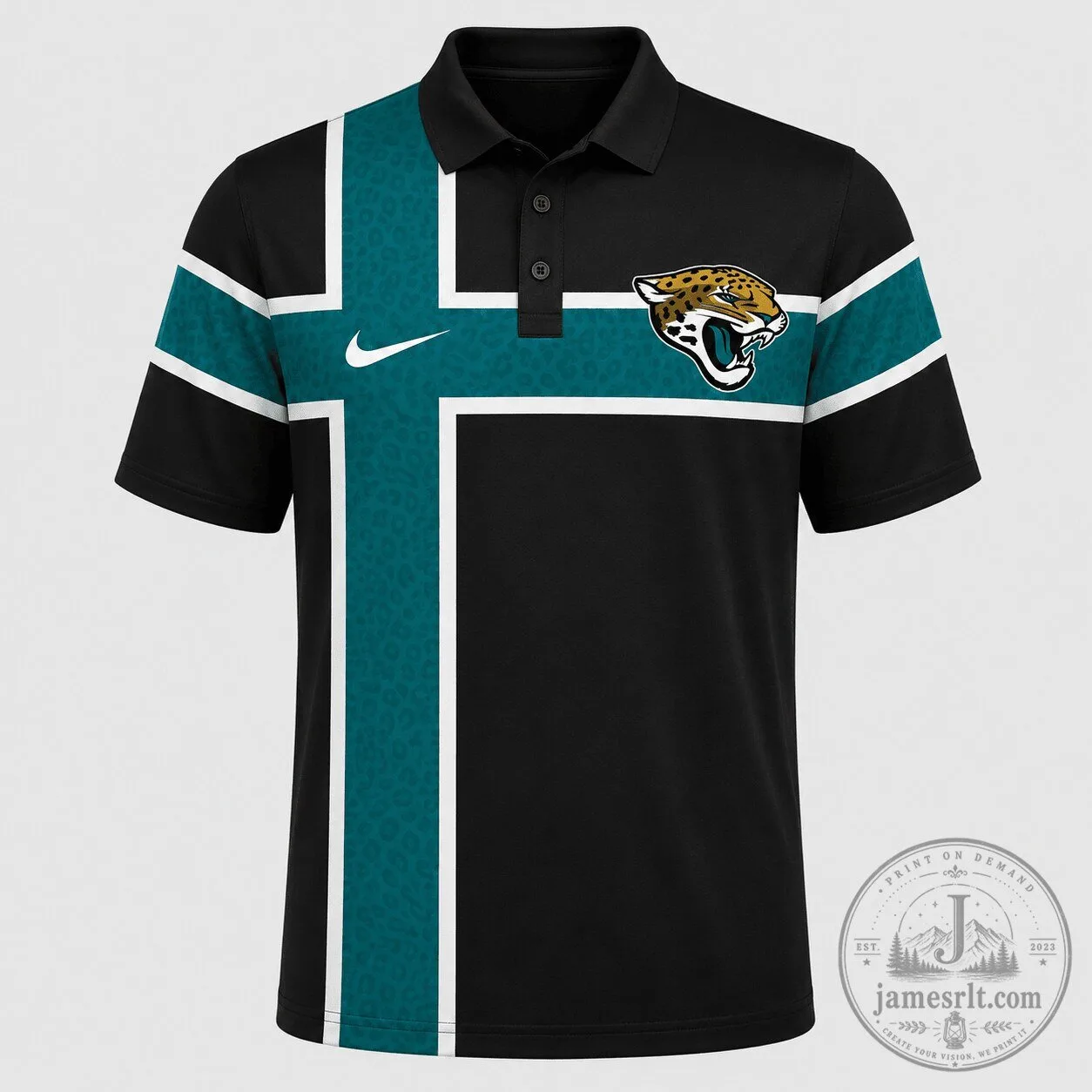 Jacksonville Jaguars NFL Cross Stripe Black and Teal Polo Shirt