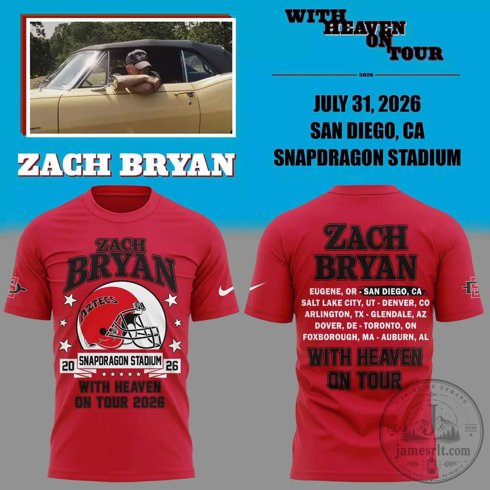 Zach Bryan San Diego State Football With Heaven On Tour 2026 Concert T-Shirt