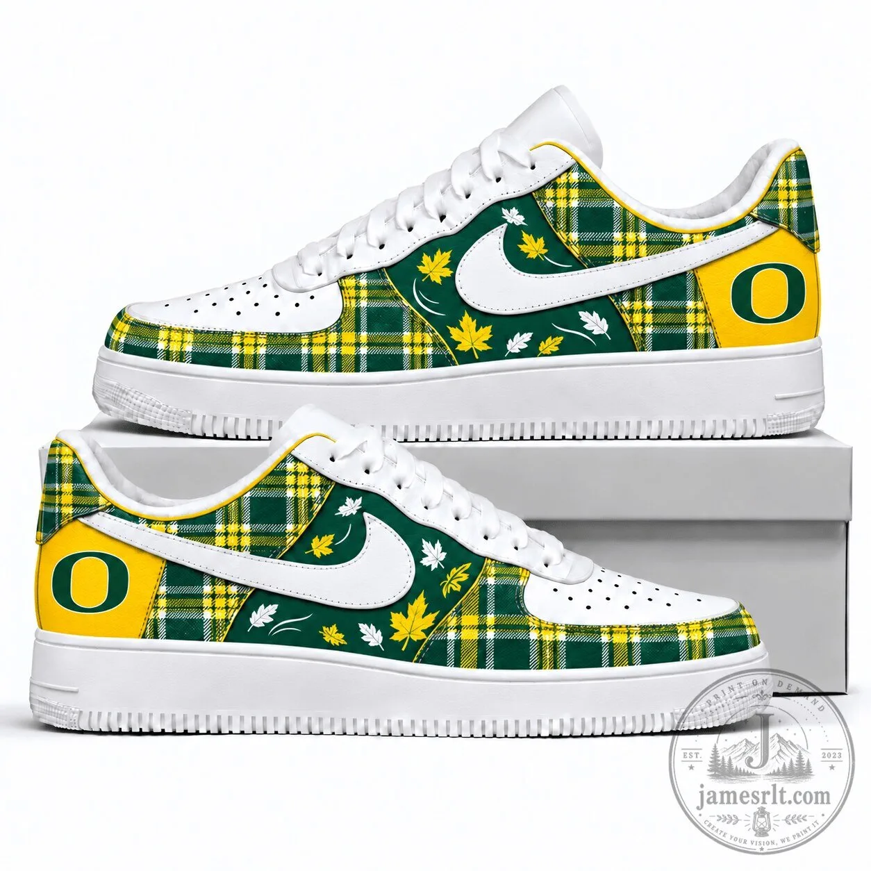 Oregon Ducks Plaid Pattern White and Yellow Custom Designed Shoes