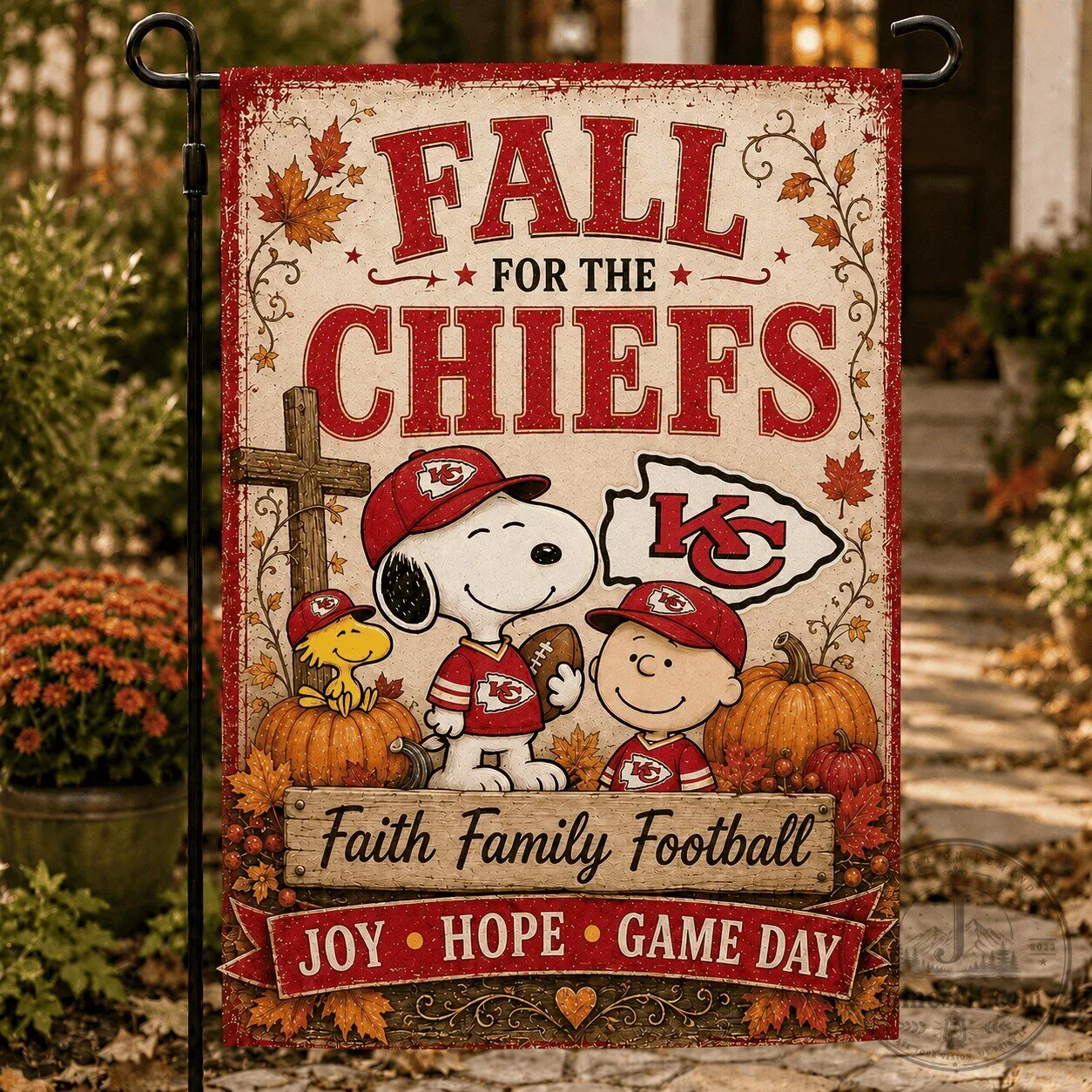 Kansas City Chiefs Fall For The Chiefs Snoopy And Woodstock Football Garden Flag