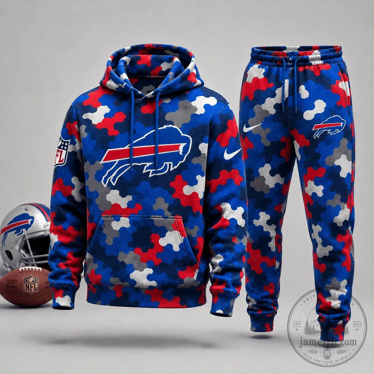 Buffalo Bills NFL Blue Red Camouflage Hoodie and Jogger Pants Set