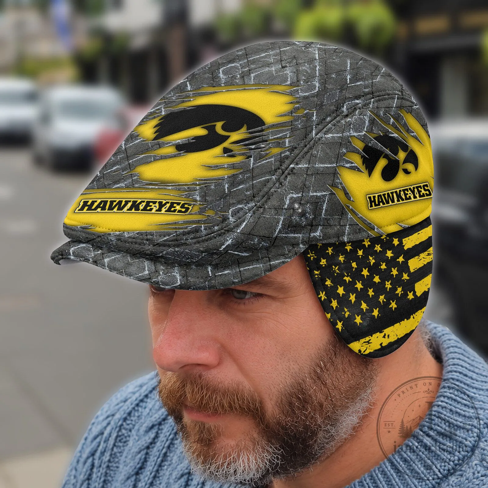 Iowa Hawkeyes Distressed Brick Pattern Flat Cap with Foldable Ear Flaps