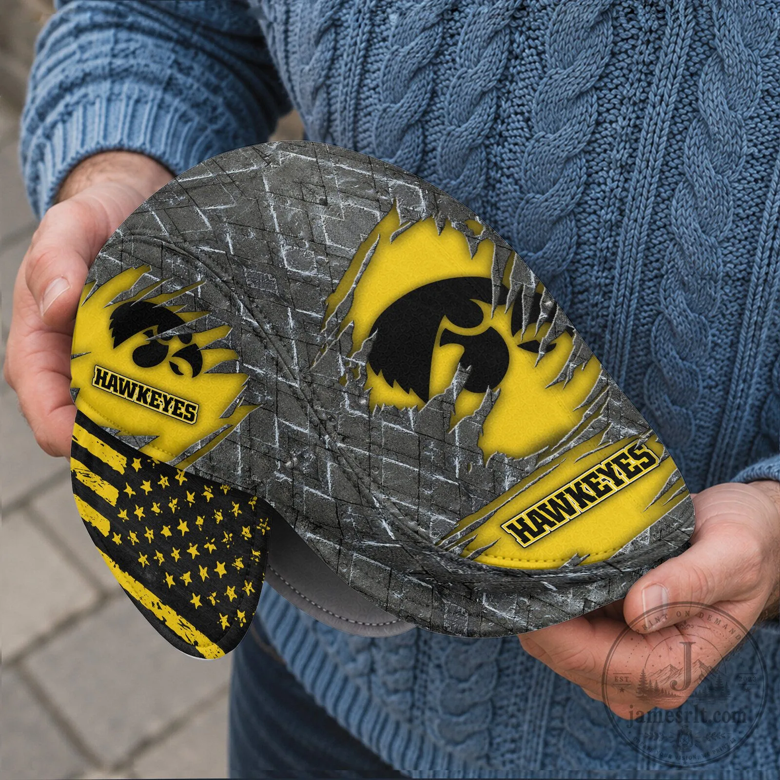 Iowa Hawkeyes Distressed Brick Pattern Flat Cap with Foldable Ear Flaps 6 Iowa Hawkeyes Distressed Brick Pattern Flat Cap with Foldable Ear Flaps