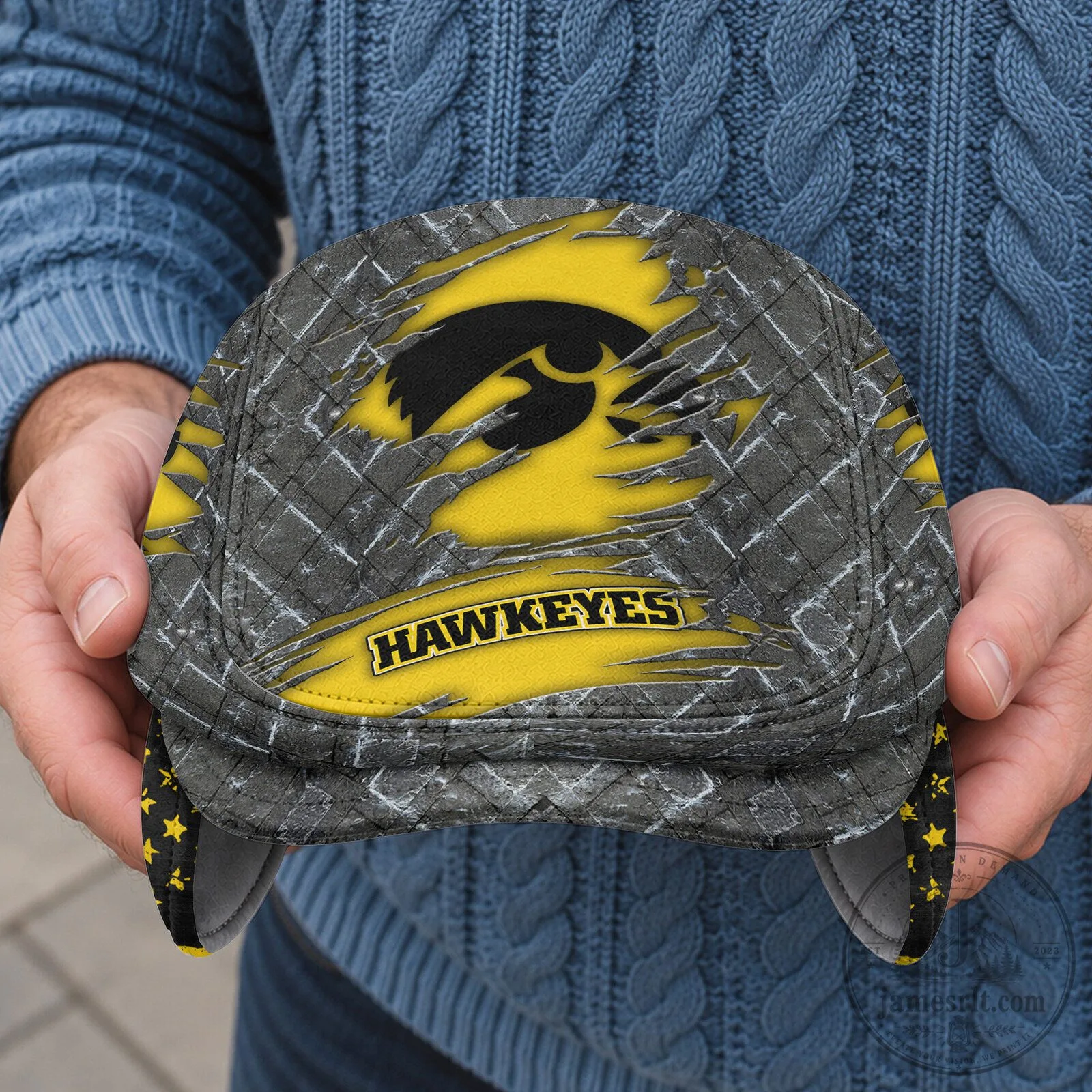 Iowa Hawkeyes Distressed Brick Pattern Flat Cap with Foldable Ear Flaps 7 Iowa Hawkeyes Distressed Brick Pattern Flat Cap with Foldable Ear Flaps