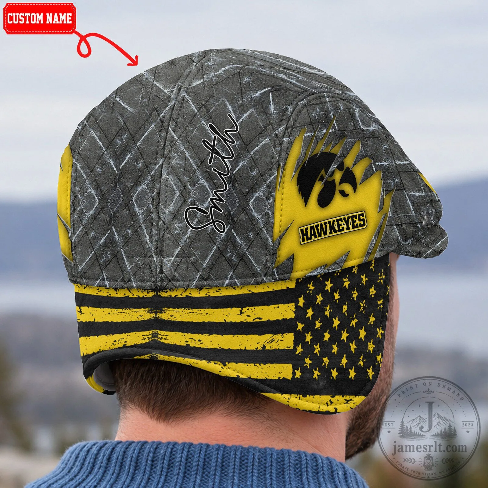 Iowa Hawkeyes Distressed Brick Pattern Flat Cap with Foldable Ear Flaps 8 Iowa Hawkeyes Distressed Brick Pattern Flat Cap with Foldable Ear Flaps