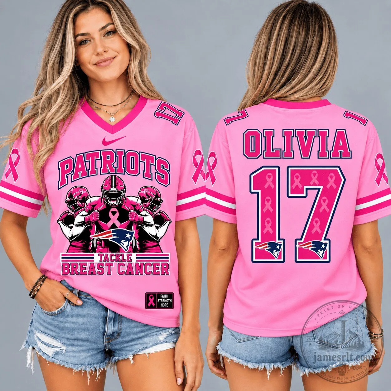 New England Patriots Pink Ribbon Breast Cancer Awareness Personalized Football Jersey