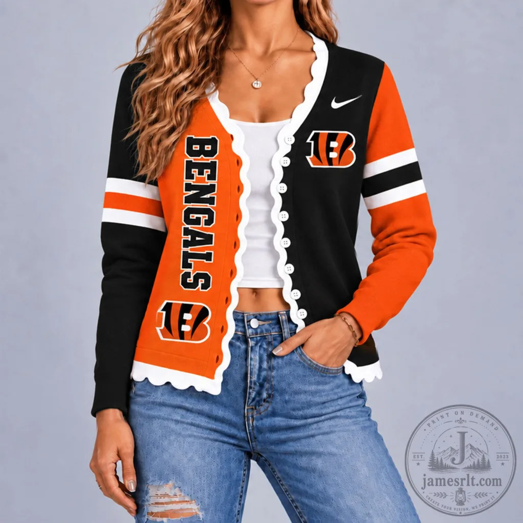Cincinnati Bengals NFL Football Team Orange and Black Scalloped Cardigan Cincinnati Bengals NFL Football Team Orange and Black Scalloped Cardigan