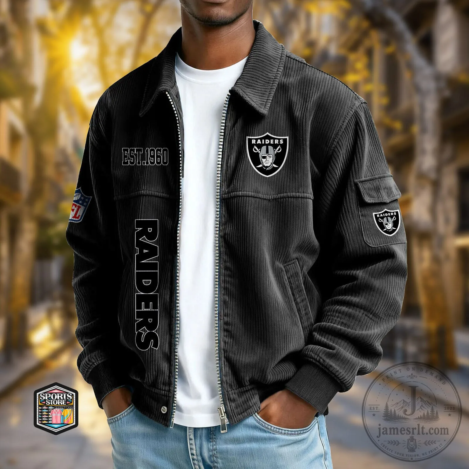 Oakland Raiders Football Team Corduroy Jacket with Embroidered Logos