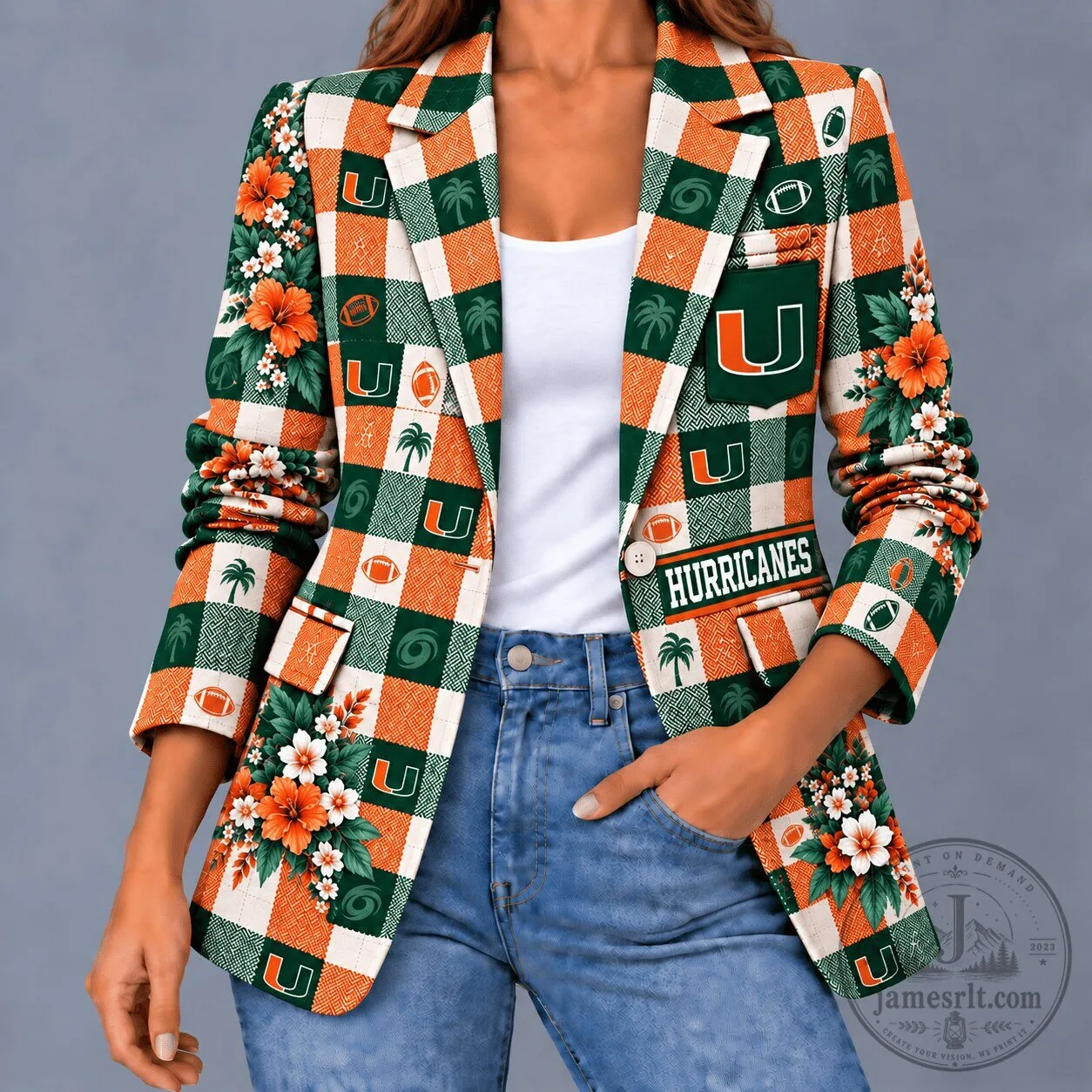 Miami Hurricanes Game Day Floral Plaid Women's Blazer Jacket