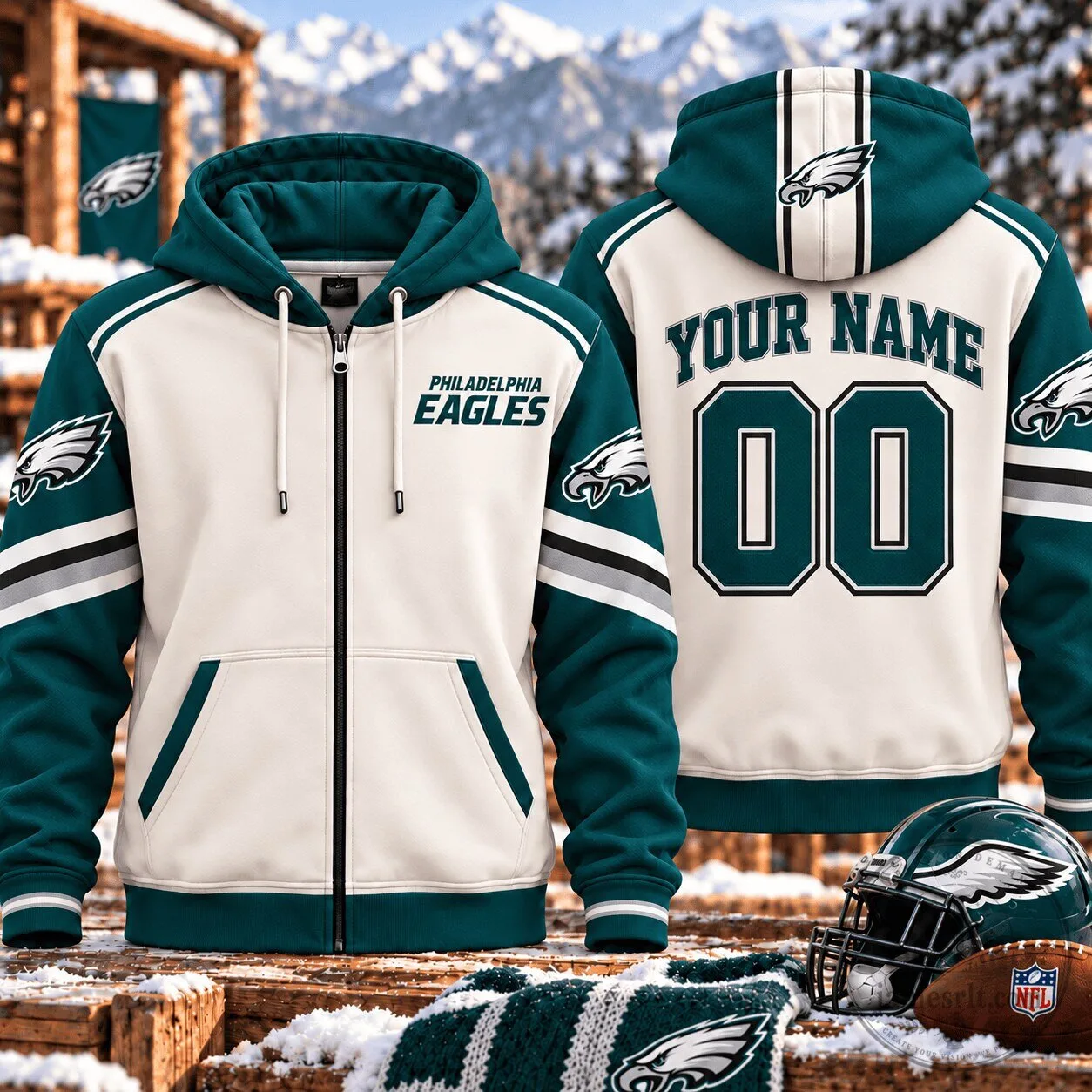 Philadelphia Eagles Custom Name and Number White and Green Full-Zip Hoodie 1 Philadelphia Eagles Custom Name and Number White and Green Full-Zip Hoodie