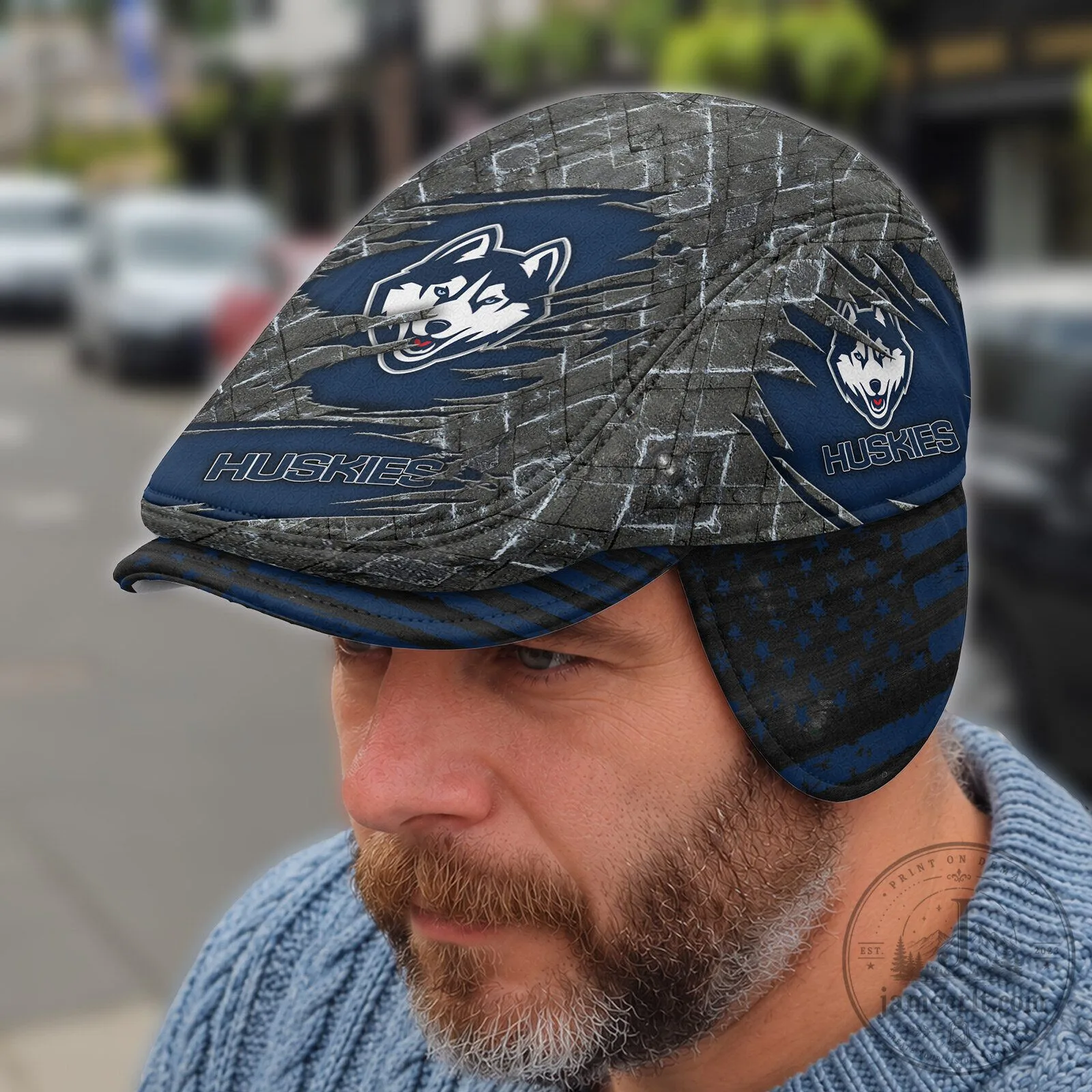 Connecticut Huskies Flat Cap with Ear Flaps for Men and Women