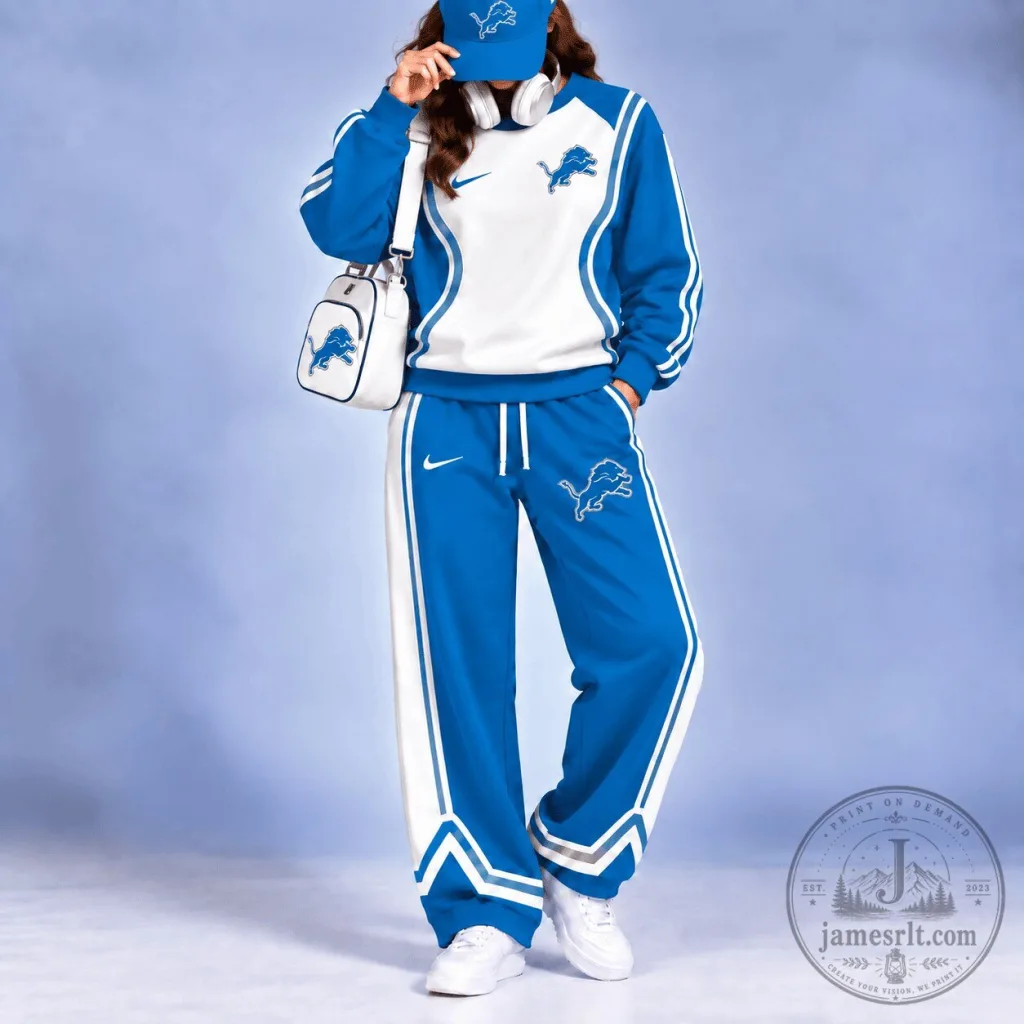 Detroit Lions NFL Blue and White Color Block Team Logo Sweatshirt and Pants Set Detroit Lions NFL Blue and White Color Block Team Logo Sweatshirt and Pants Set