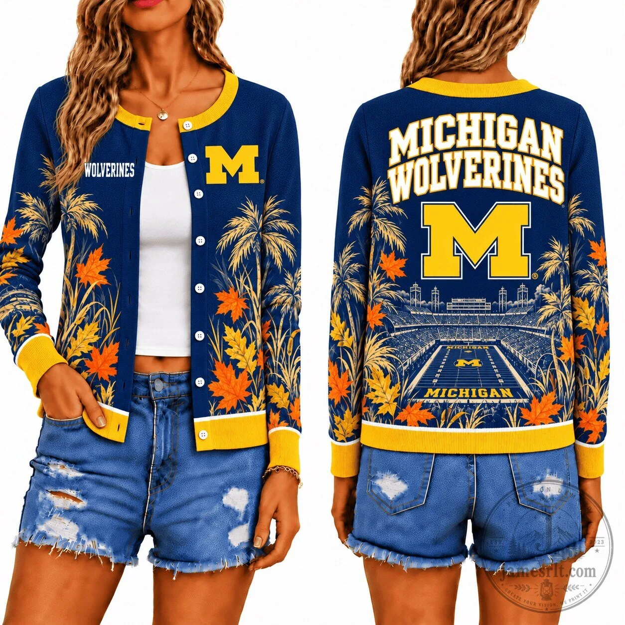 Michigan Wolverines Football Stadium Fall Season Women's Cardigan Jacket