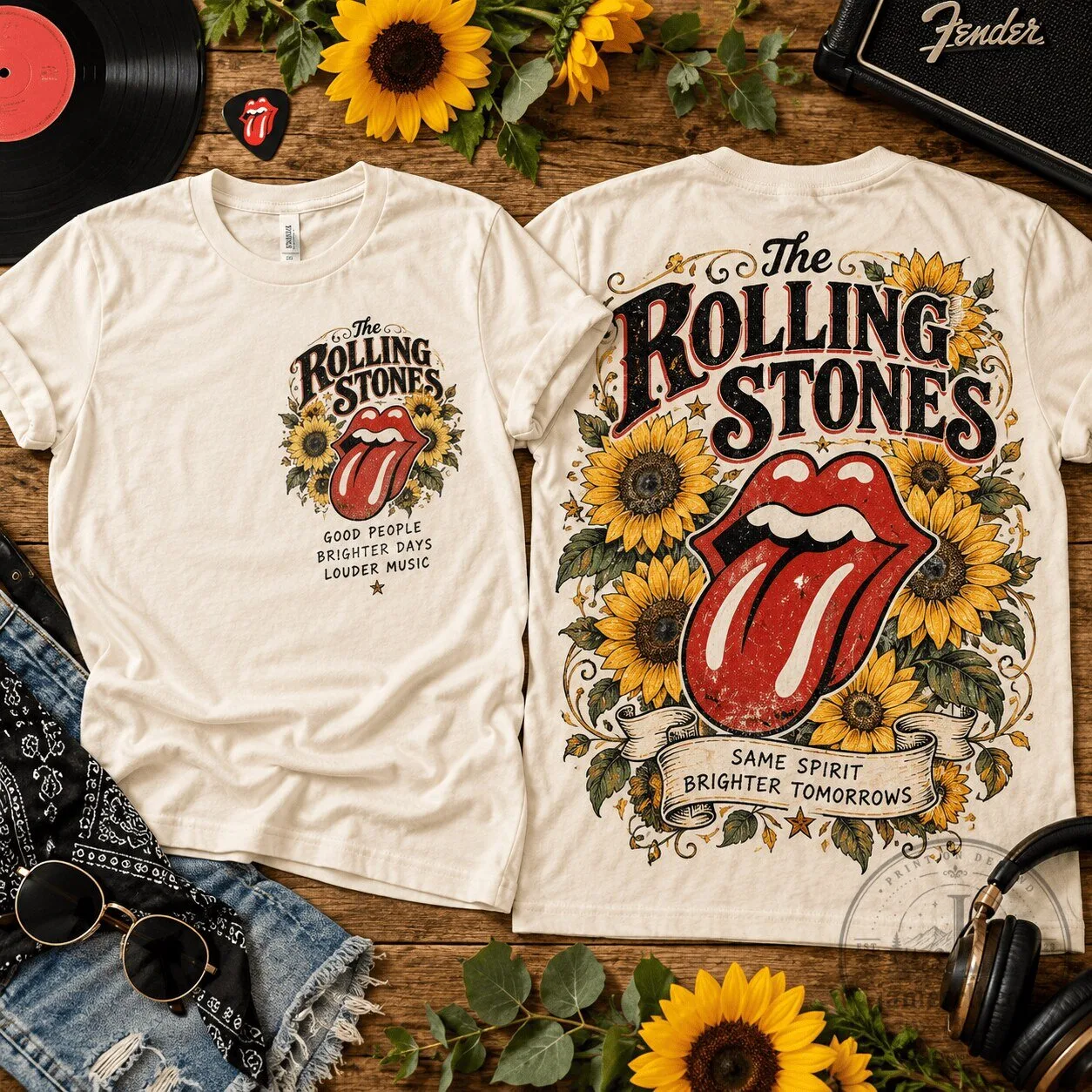 The Rolling Stones Sunflower Tongue Logo Rock and Roll Band T-Shirt