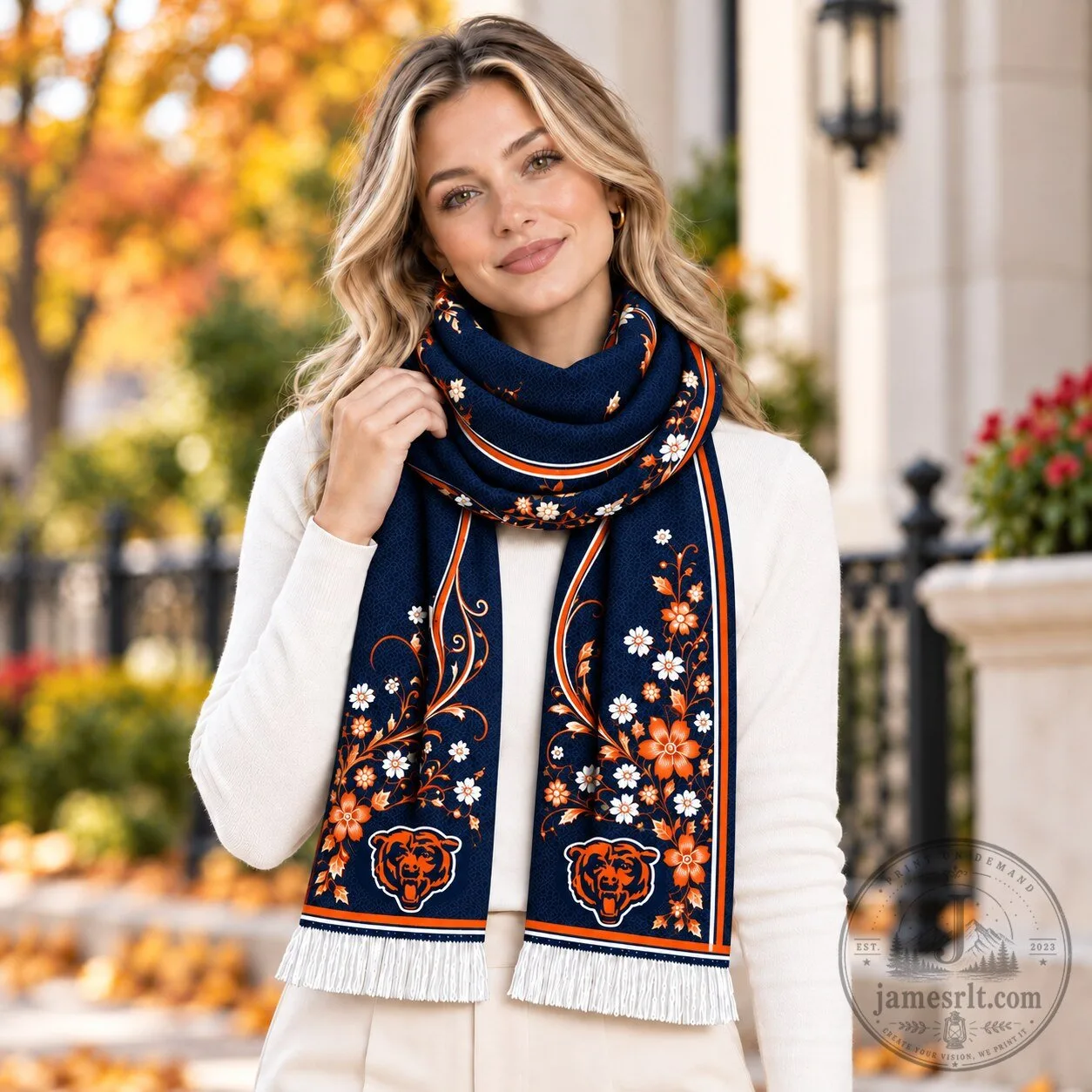 Chicago Bears Floral Pattern Navy Blue Scarf with White Fringe