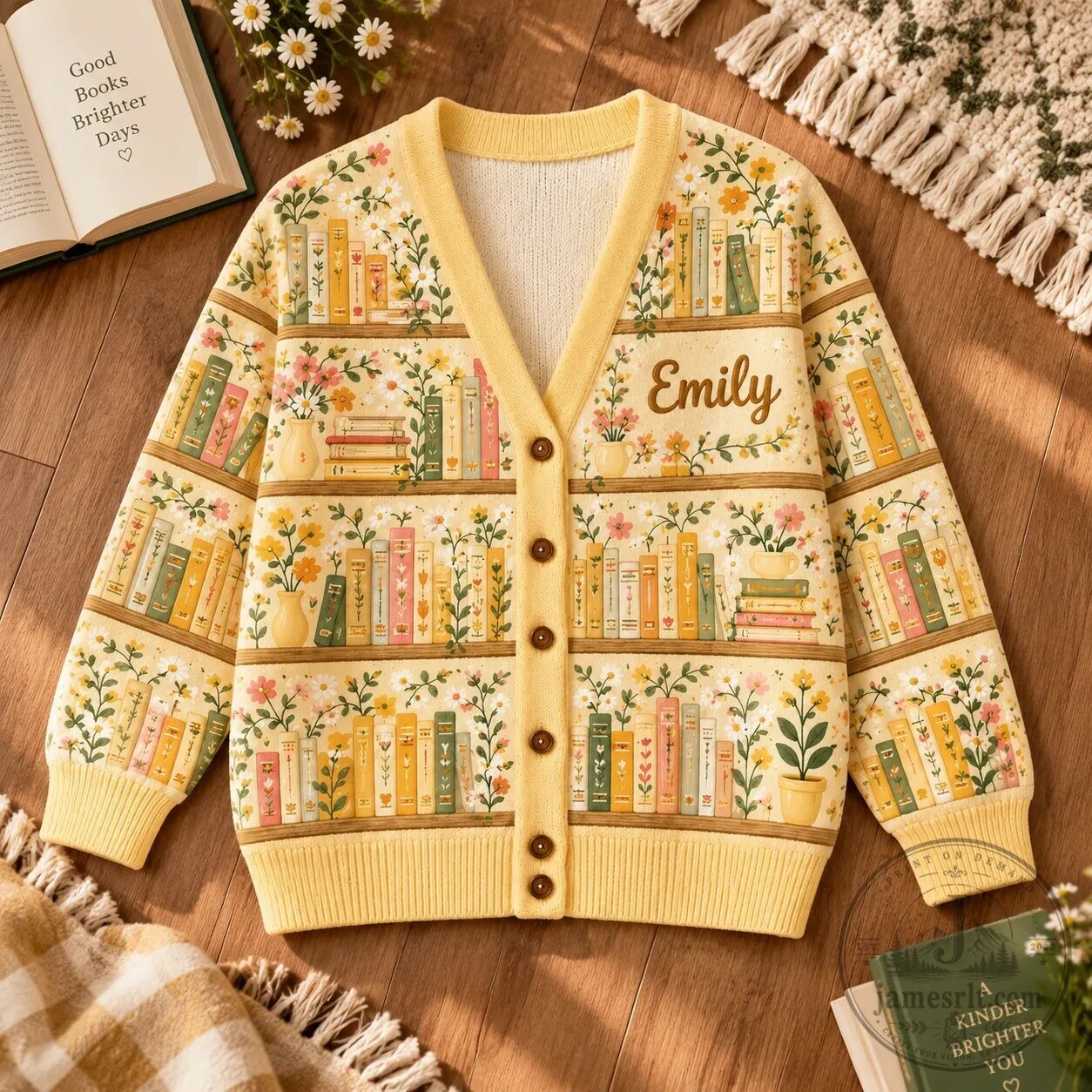 Personalized Floral Bookshelf Cardigan Sweater for Book Lovers