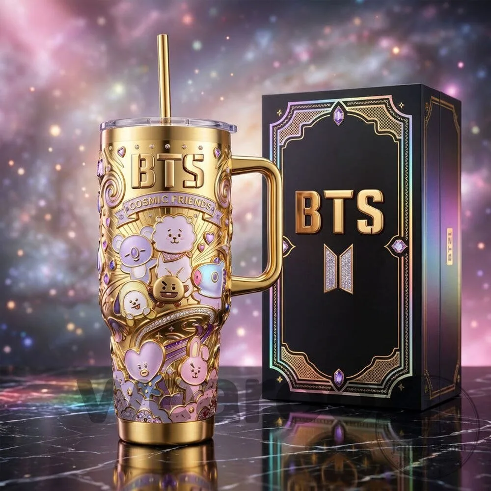 BTS Cosmic Friends BT21 Gold Stainless Steel Insulated Tumbler with Handle