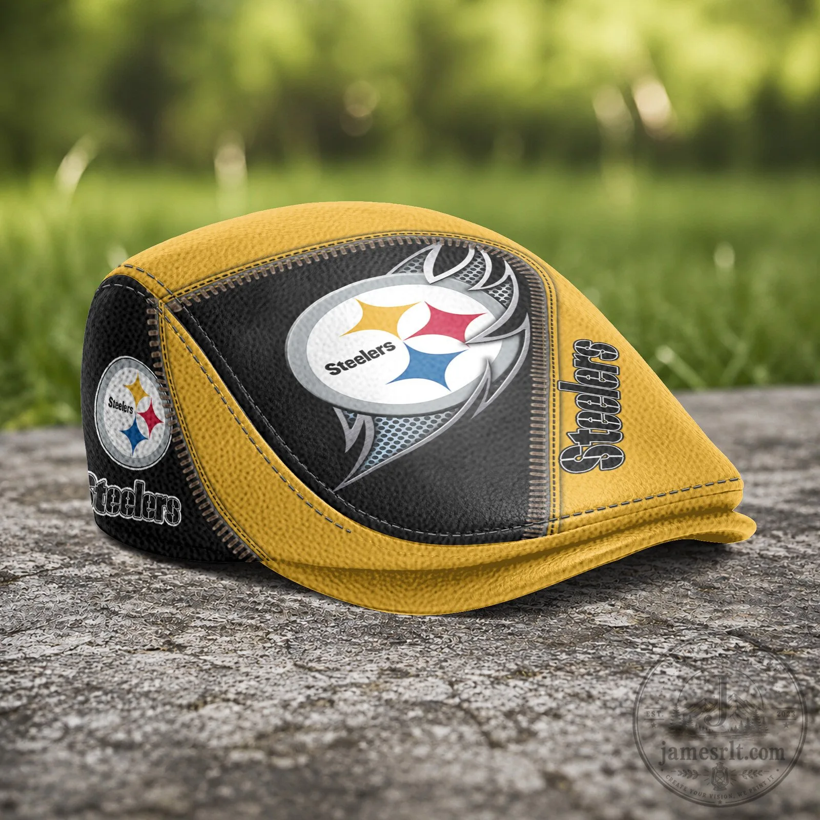 Black and Yellow Flat Cap Hat featuring Pittsburgh Steelers NFL Team Logo