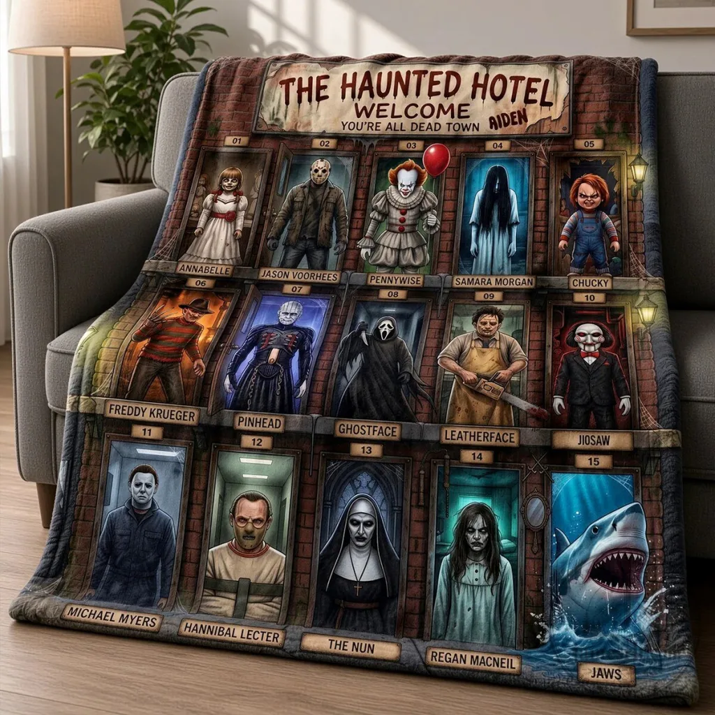 Horror Movie Villains The Haunted Hotel Welcome All Dead Town Blanket Horror Movie Villains The Haunted Hotel Welcome All Dead Town Blanket