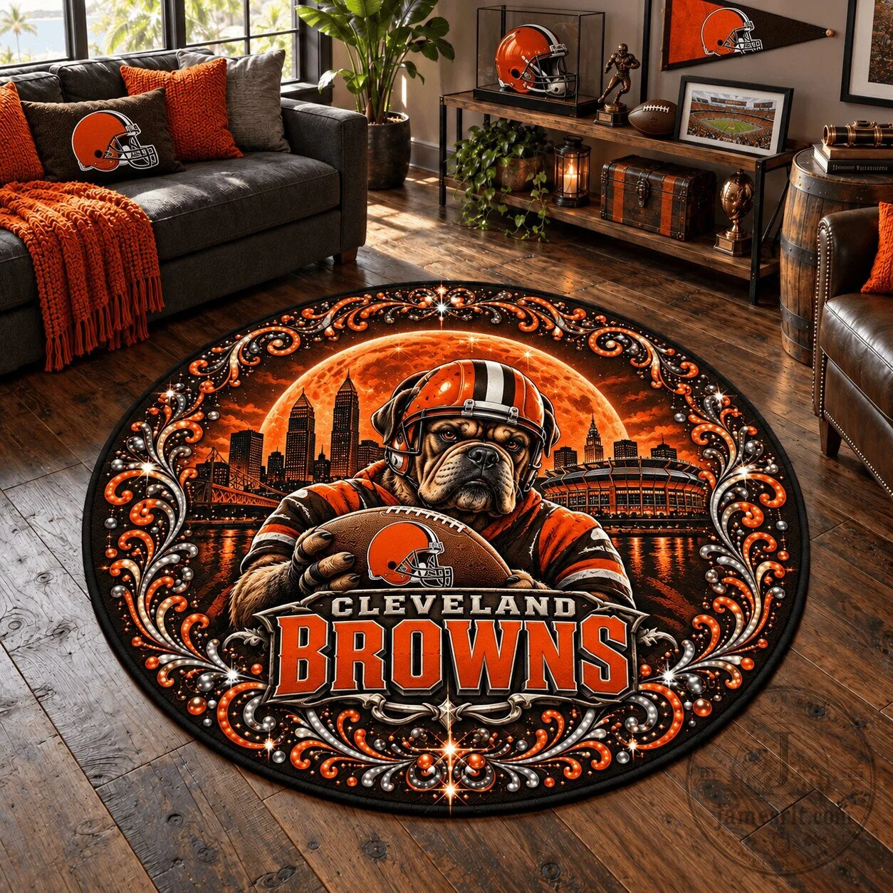 Cleveland Browns Football Team Bulldog Mascot Round Rug