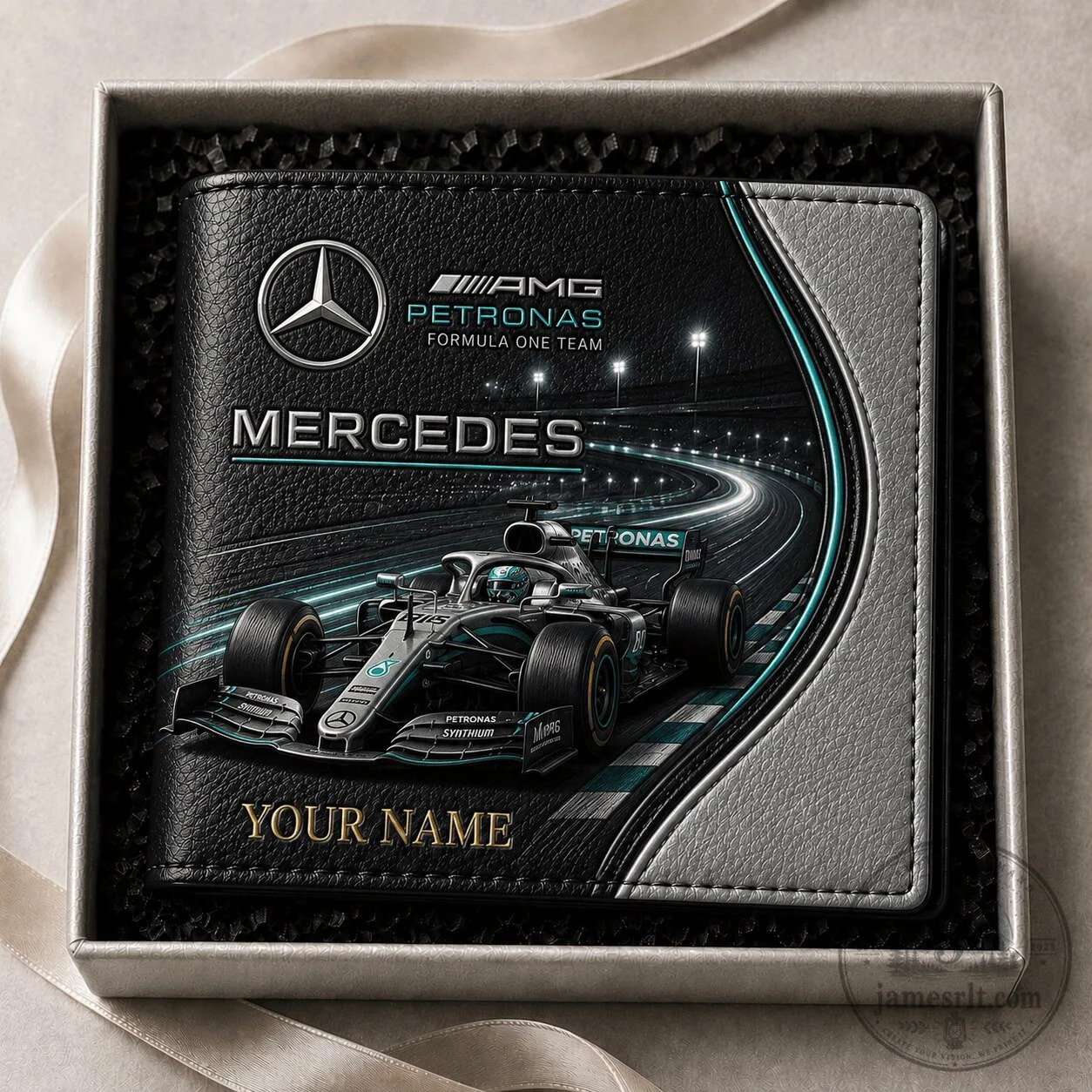 Personalized Leather Wallet featuring Mercedes AMG Petronas Formula One Team Racing Car