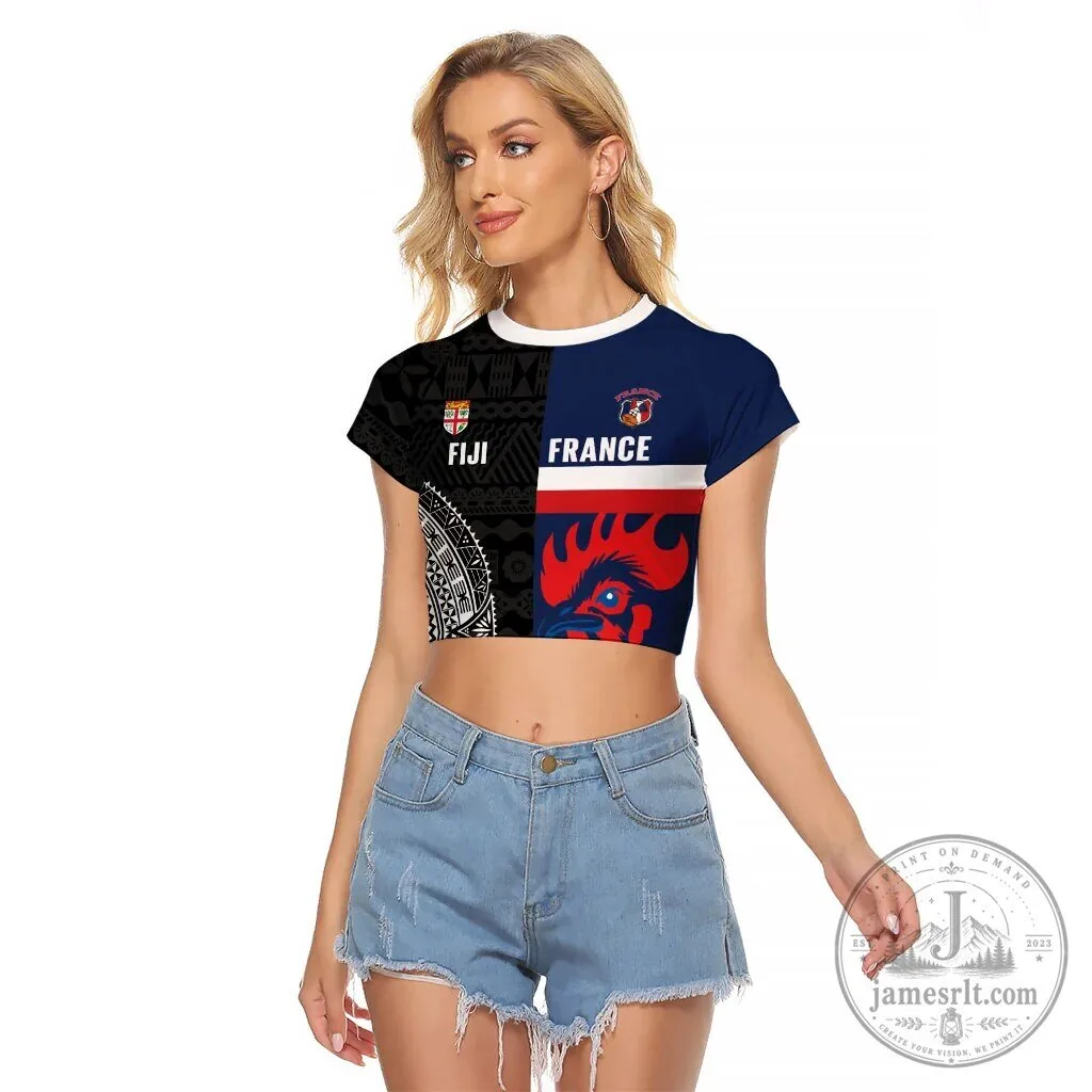 Fiji and France Rugby Union Split Design Cropped T-Shirt