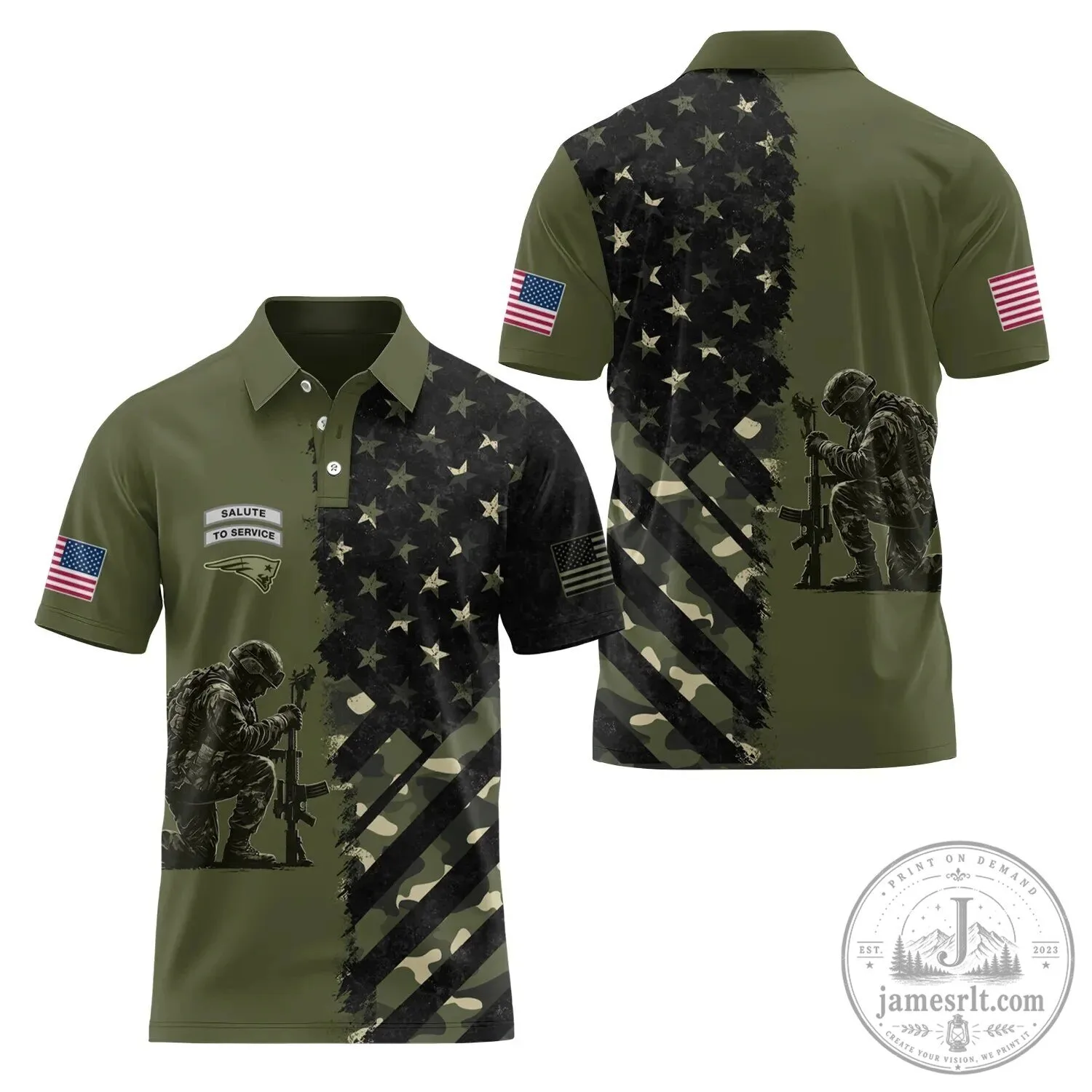 Military Salute To Service American Flag Camouflage Army Green Polo Shirt