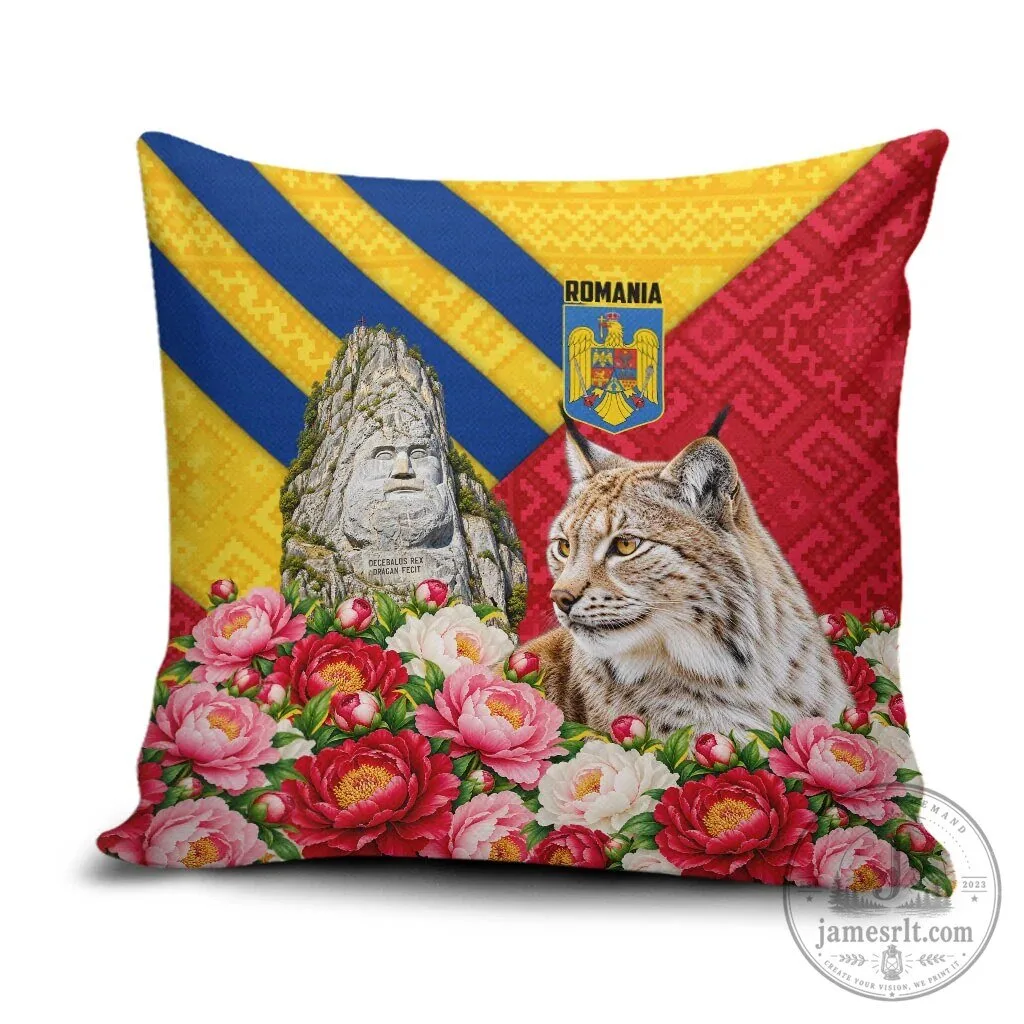 Romania Flag Decebalus Rex Lynx Peony Floral Pattern Decorative Throw Pillow