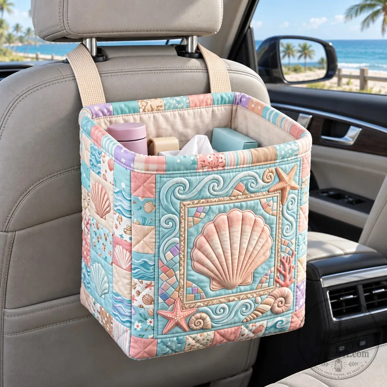 Coastal Whisper Quilted Car Storage Basket Organizer with Seashell Design
