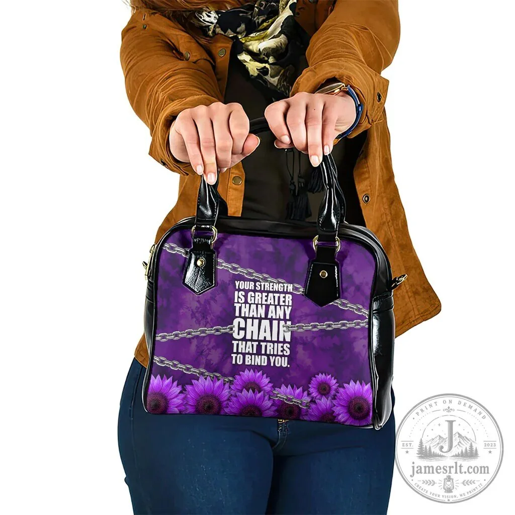 Domestic Violence Awareness Purple Sunflower Strength Quote Shoulder Handbag