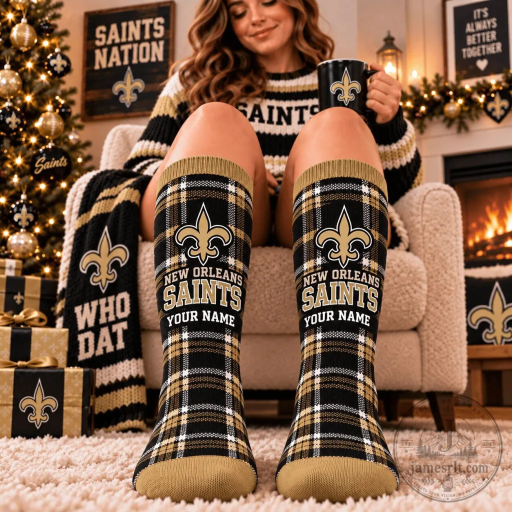 New Orleans Saints Custom Name Plaid Pattern Crew Socks for Football Fans New Orleans Saints Custom Name Plaid Pattern Crew Socks for Football Fans